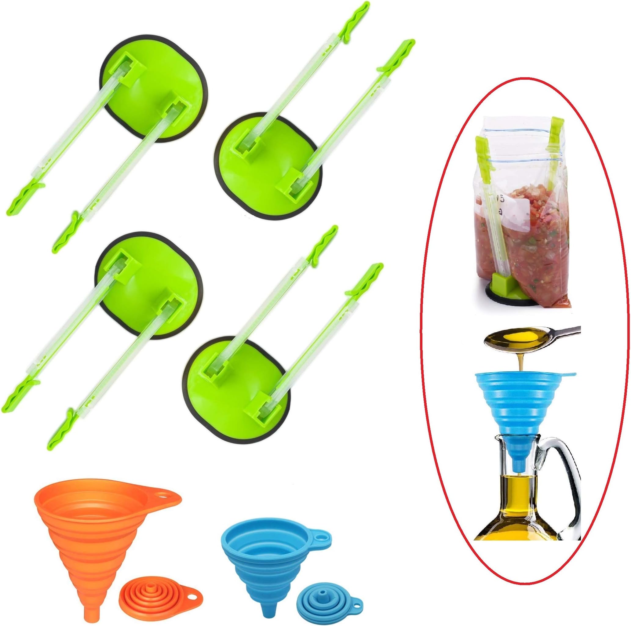 4 pcs Baggy Rack and 2 pcs Folding Funnel, Clip Food Storage Bags Onto Holder, Best Opener for Freezer & Storage Baggie - Ideal Plastic Kitchen Gadget