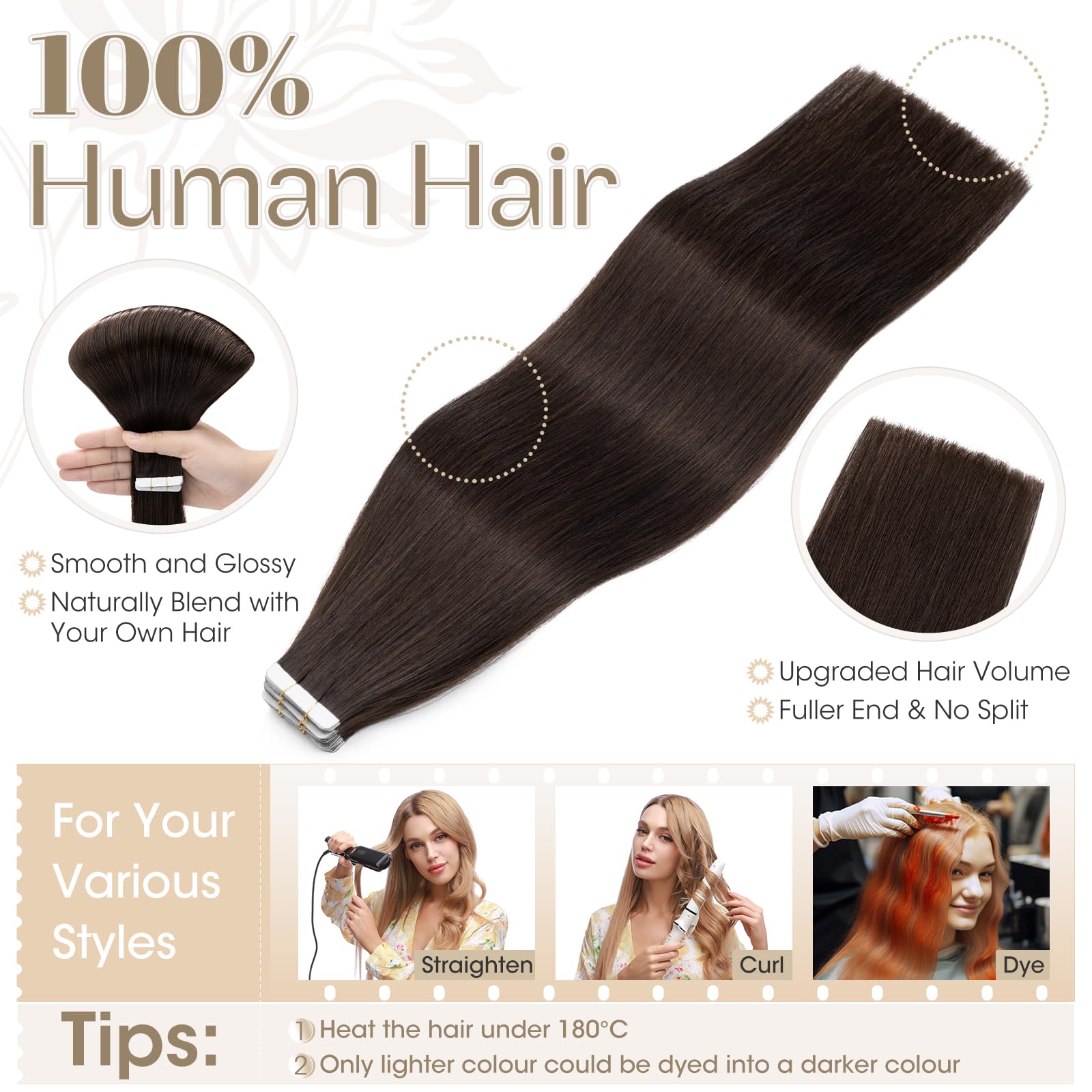 Elailite Tape in Hair Extensions Human Hair 50g/pack Invisible Straight Seamless Skin Weft Remy Hair Extensions Tape in Human Hair (#2 Dark Brown - Image 3