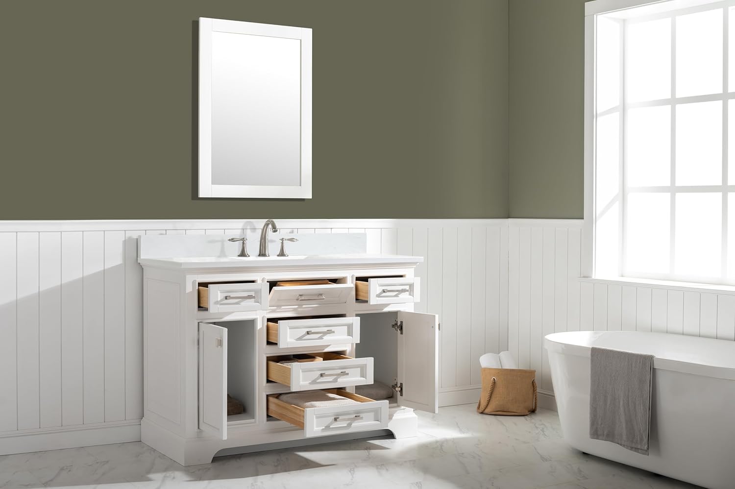 Design Element Milano 48" Single Sink White Bathroom Vanity and Quartz Countertop