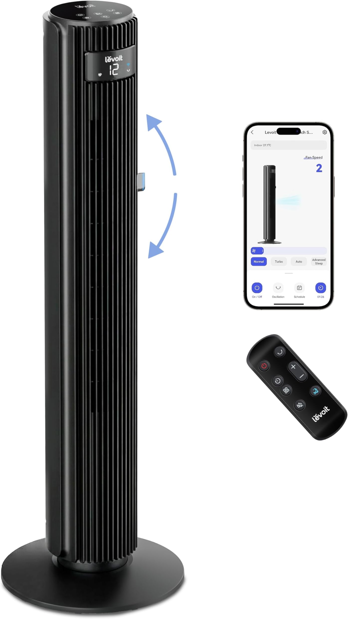 25dB Smart Silent Tower Fan 42Inch, 7.9m/s Powerful Electric Cooling Fan for Bedroom with DC Motor, 90° Oscillating and 60° Up and Down, Voice Control 4 Modes 12 Speeds 12H Timer