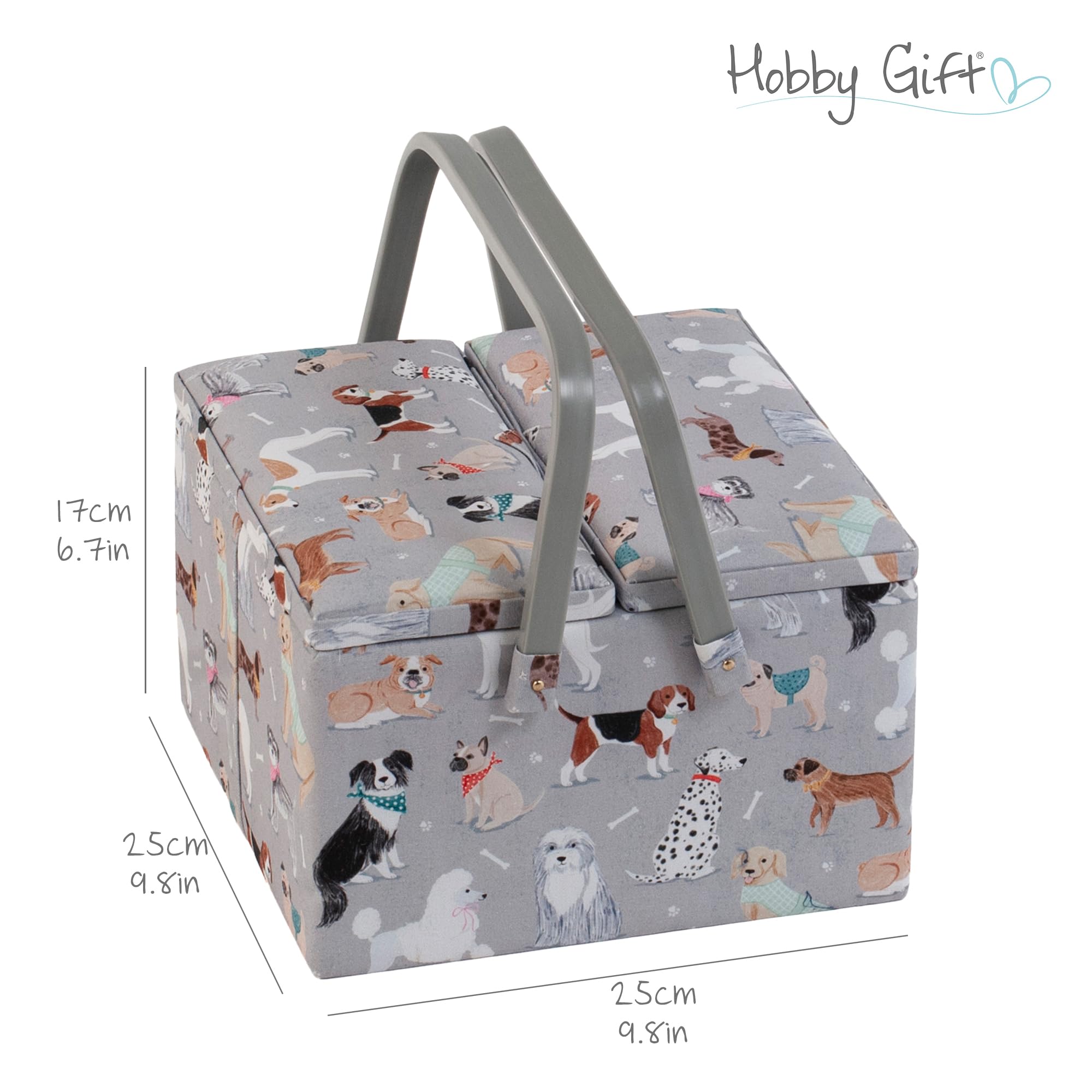 Hobby Gift Ekskluzywne duże pudełko do szycia z podwójną pokrywą, pudełko do przechowywania rękodzieła, taca na akcesoria, poduszka na szpilki, uchwyty pcv, 25 x 25 x 17 cm, szare psy