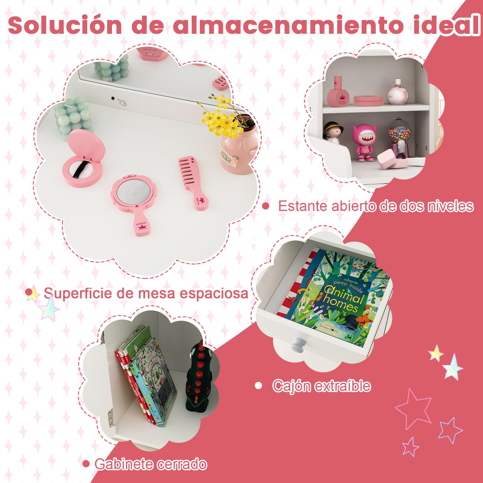 COSTWAY Tocador de Maquillaje Niña con Luces LED 2 Colores, Mesa y Silla para Niños, Espejo Acrílico Blanco