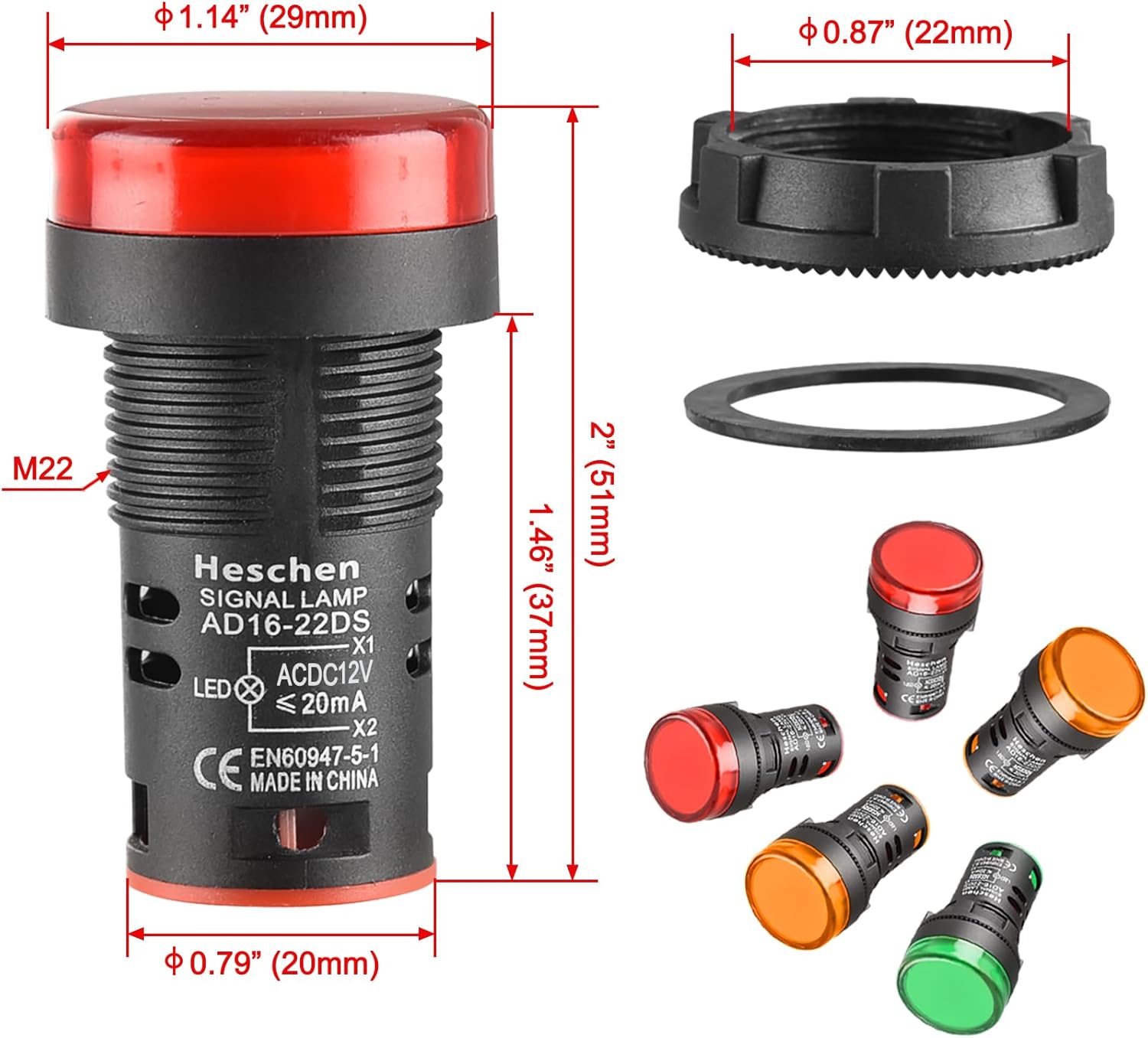 Diagram showing the dimensions of the Heschen 22mm LED indicator light.