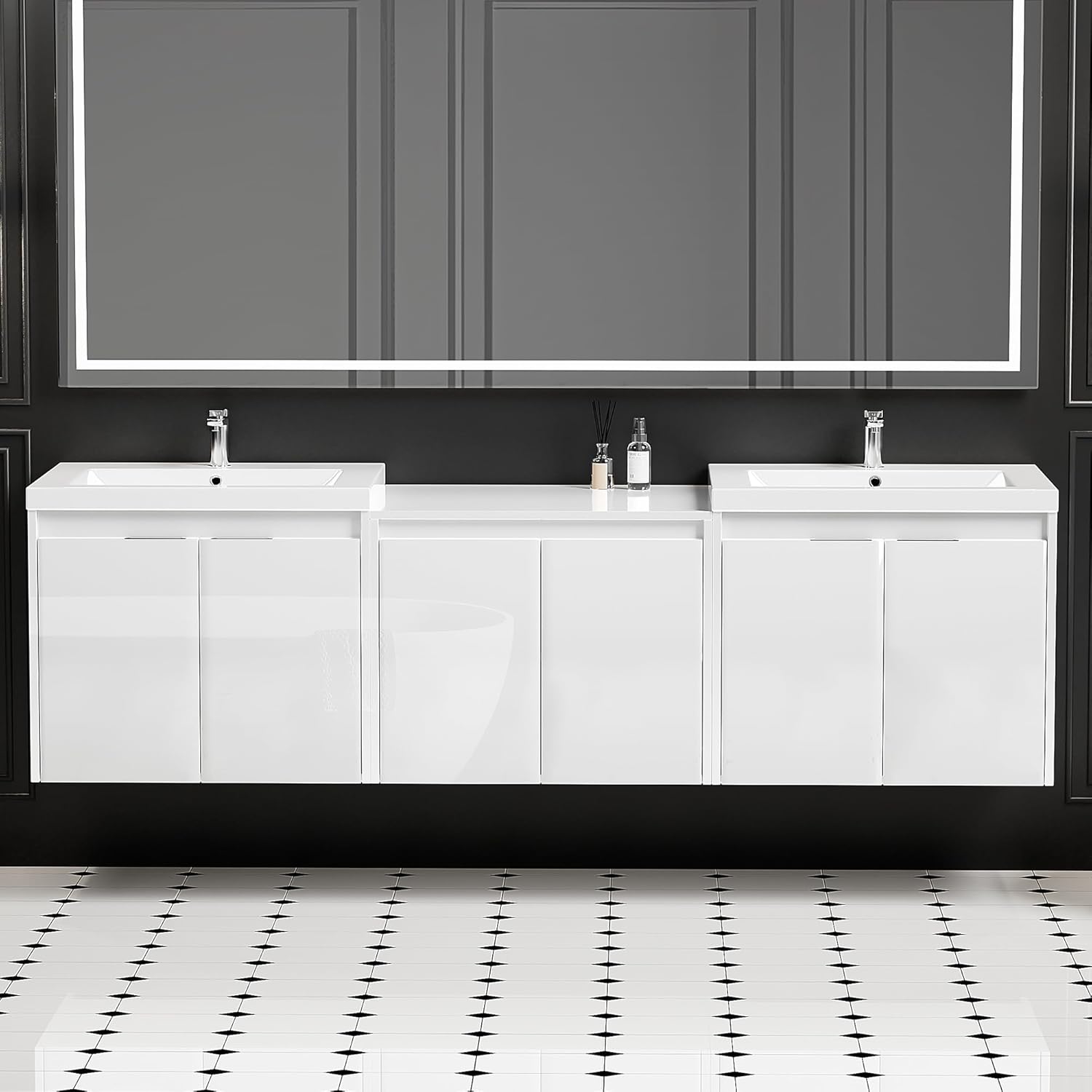 72 inch Floating Bathroom Vanity with Double Sink, Wall Mounted Bathroom Vanity with Storage Cabinet Combo, Resin Sink, Soft Closing Doors, Modern Vanity Cabinet, Glossy White