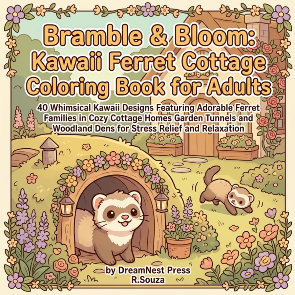 Bramble & Bloom: Kawaii Ferret Cottage Coloring Book for Adults: 40 Whimsical Kawaii Designs Featuring Adorable Ferret Families in Cozy Cottage Homes ... Dens for Stress Relief and Relaxation