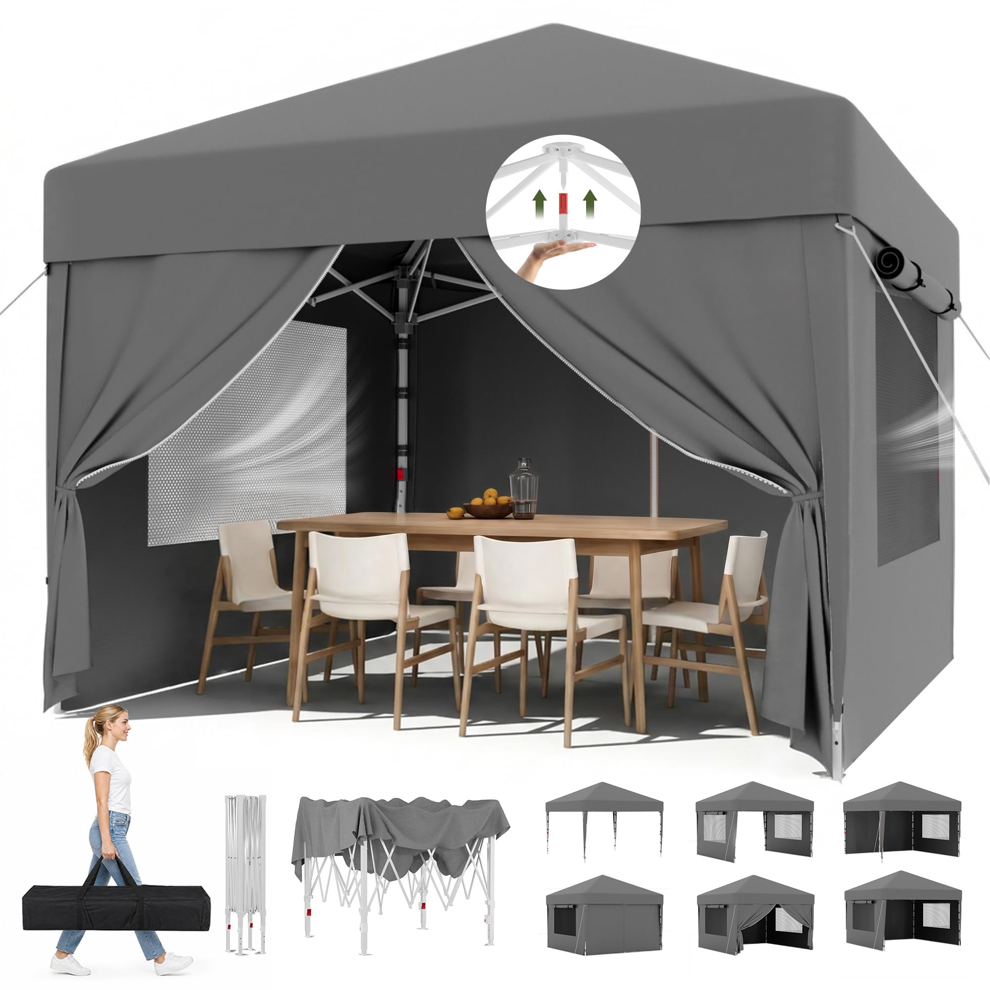JUMMICO Pop Up Faltpavillon, 3 x 3 m Pavillon mit Netzfenstern zur Belüftung, UV-Schutz 50+, mit 4 Seitenwänden, wasserdicht stabil Winterfest，Faltbar Partyzelt Gartenzelt Gartenpavillon, Grau