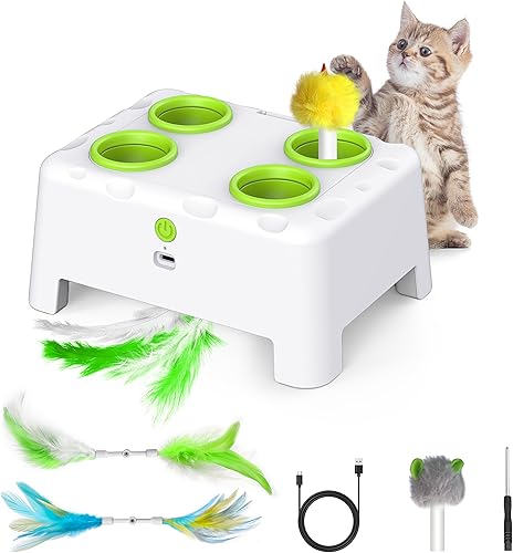 Juguetes para gatos, juguetes interactivos para gatos, juguete automático 2 en 1, 4 agujeros, ratones golpean un topo, juguete de ratón con pluma