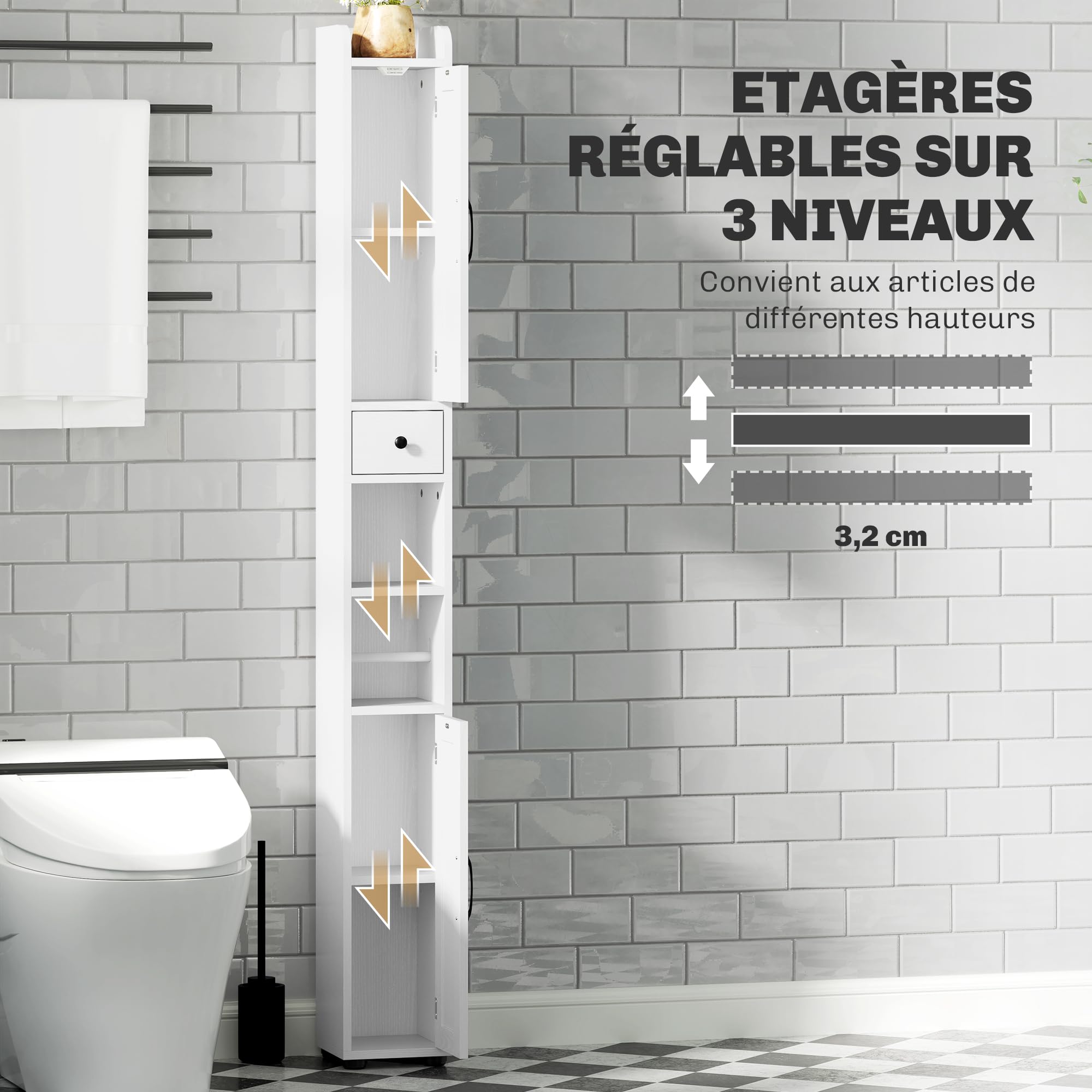 HOMCOM Armoire Salle de Bain Haute 2 Portes, Tiroir, 20x20x185cm Blanc