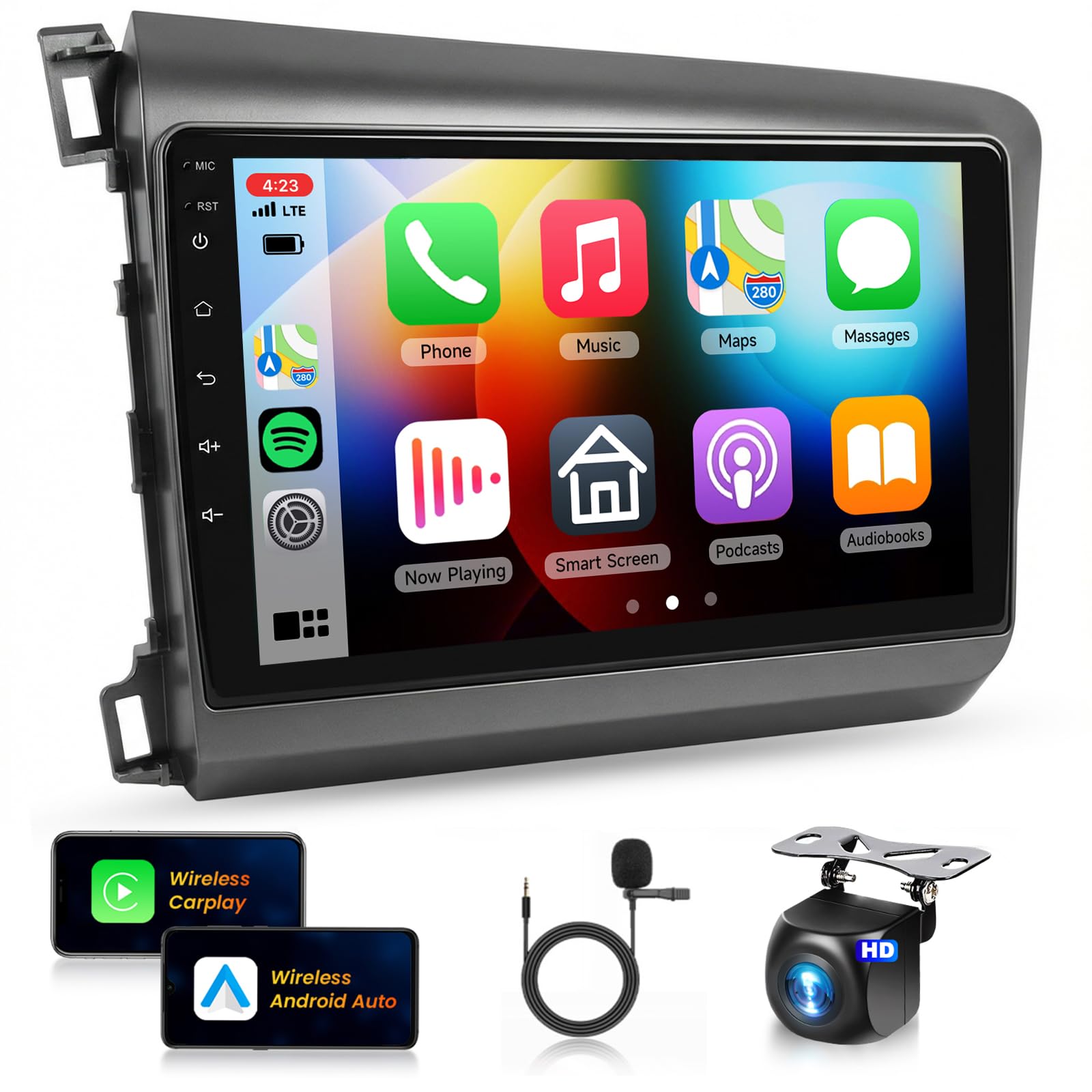 Car Stereo for Honda Civic 2012-2015 [6+128G 8Core] Wireless Carplay Android Auto,9" 1280 * 720P IPS Touch Screen Radio, Android13/GPS/WiFi/32EQ DSP/