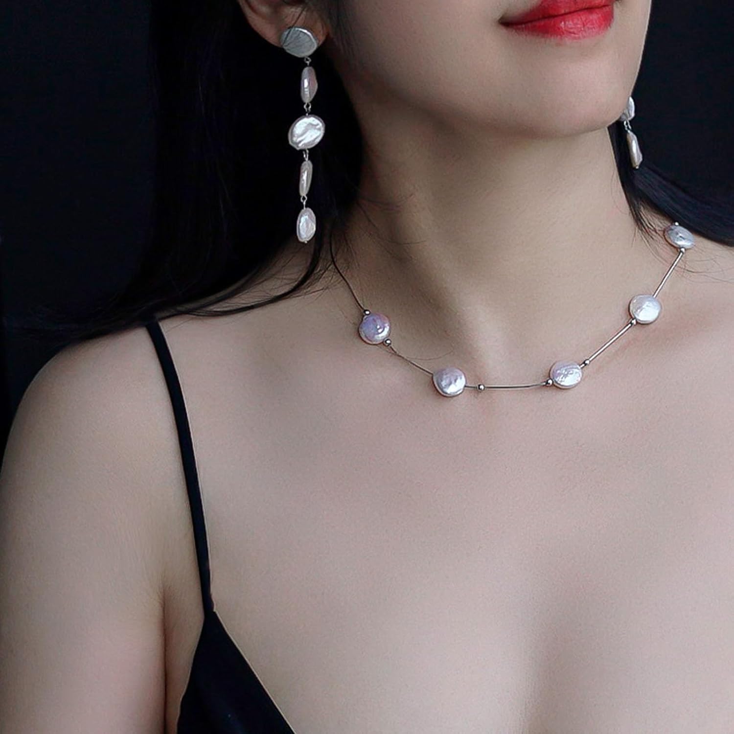 Natural Freshwater Pearl Necklace, Sterling Silver Chain, Petal Shape Choker, 5-Pearl Handmade Design