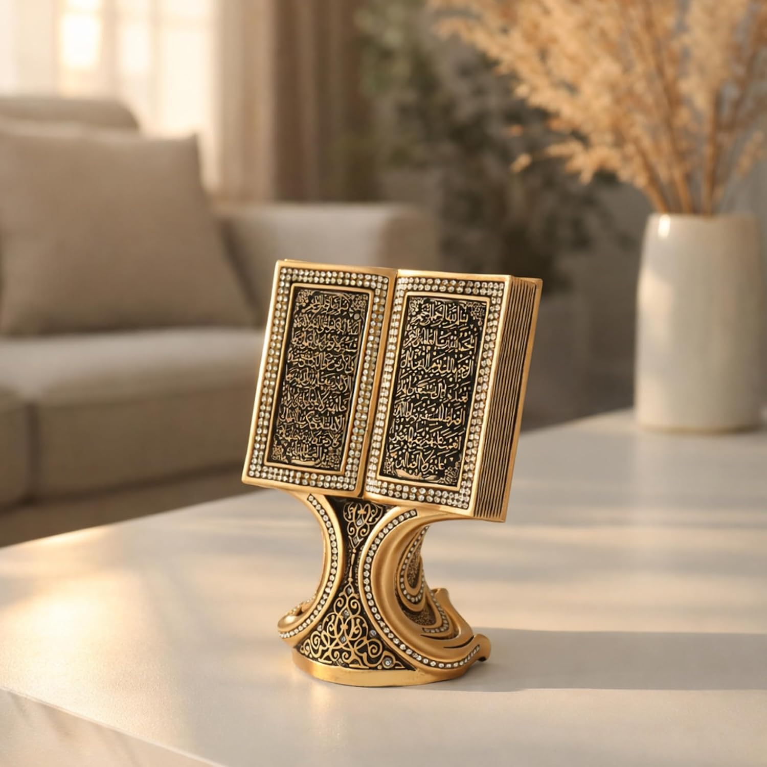 Modefa Islamic Decor - Eid Gifts for Women - Muslim Decorations for Home Islamic Art - Islamic Table Decor Showpiece Quran Open Book (Ayatul Kursi Gold, Mini)