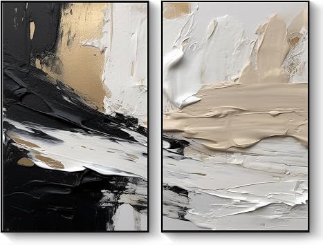 GYJAGHL Abstract Oil Painting Black and White with Beige and Gold Layers Minimal Hand Painted Canvas Wall Art,black frame,2Pcs 24x32inch