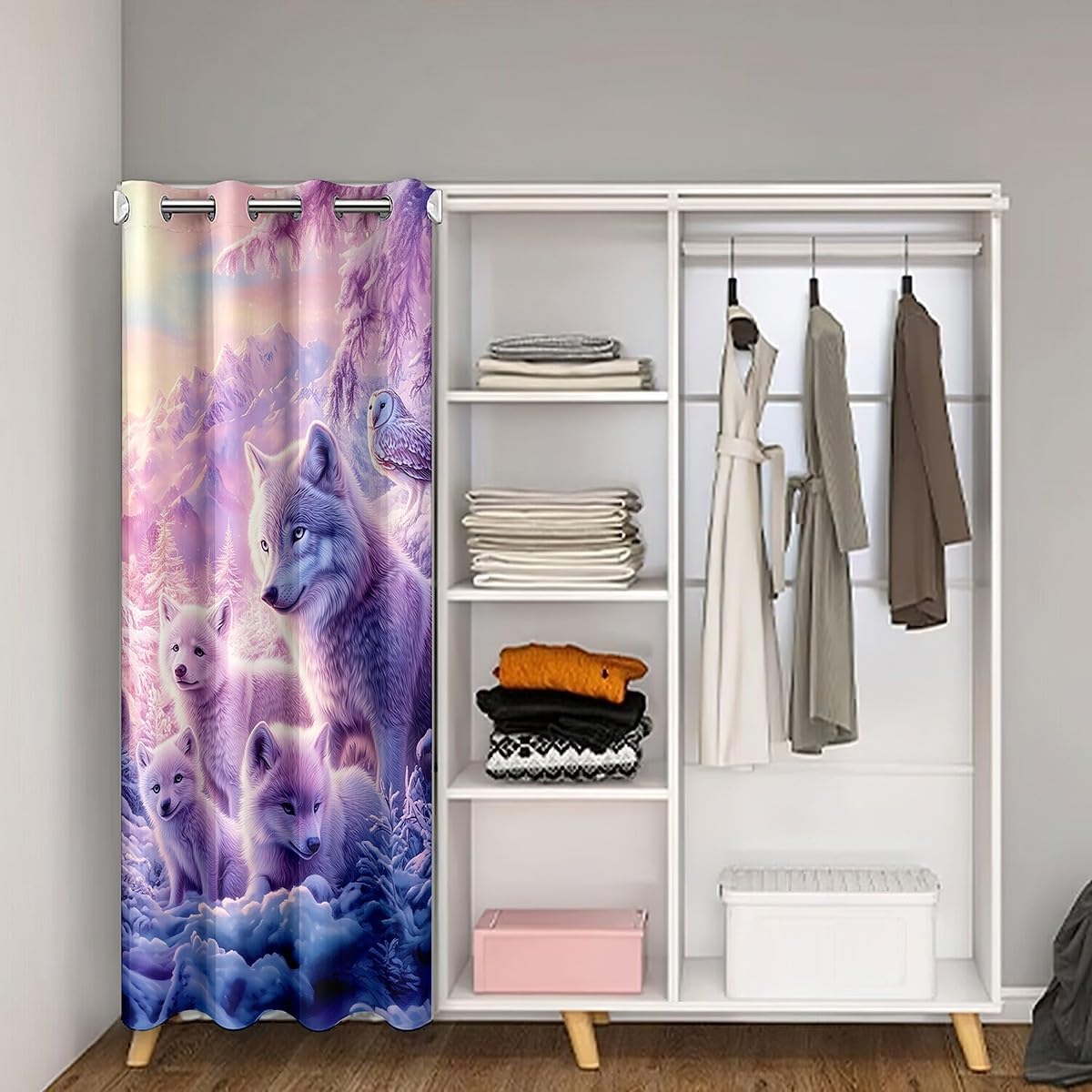 Snow Wolf Door Curtain 1 Panel,34" W X 80" L,Safari Animals Jungle Adventure Doorway Curtain for Privacy,Natural Snow Trees Door Drape for Living Room Decor, Woodland Cool Wildlife Blackout Curtain