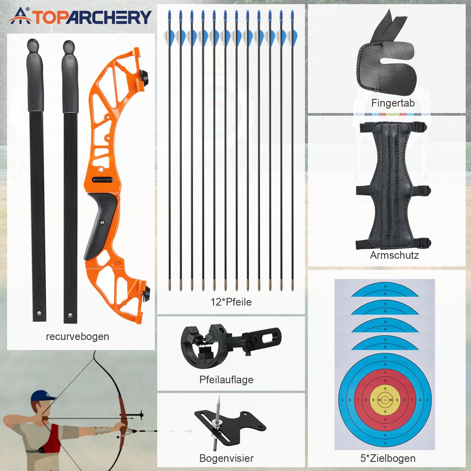 Pfeil und Bogen Set Erwachsene 20lbs Takedown Recurvebogen Sportbogen mit Zubehör Metall Riser für Rechtshänder Anfänger Outdoor-Bogenschießen & Zielübungen