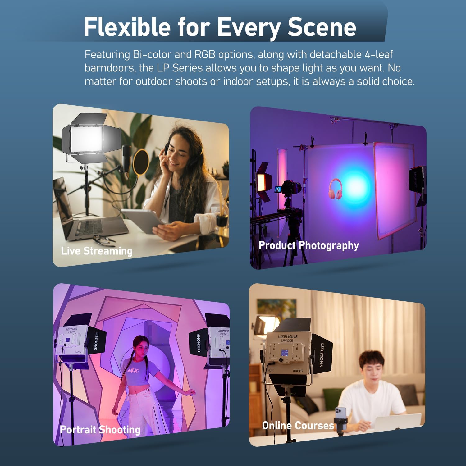 Godox 2 Packs LP400 Bi Color LED Video Photography Lighting, 36W LED Panel Light with 14 FX Effects APP Control 2800~6500K CRI/TLCI 96+ Dimmable 0-100% Light for Video Recording with Light Stand