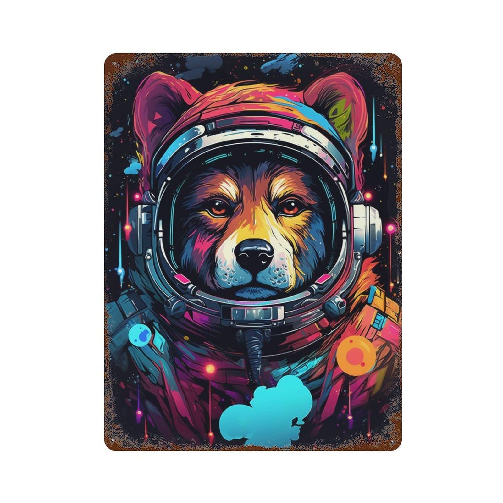 Cosmic Bear Astronaut Distressed Metal Wall Sign 15.7"x11.8", Ideal for Pub, Kitchen And Man Cave Decor