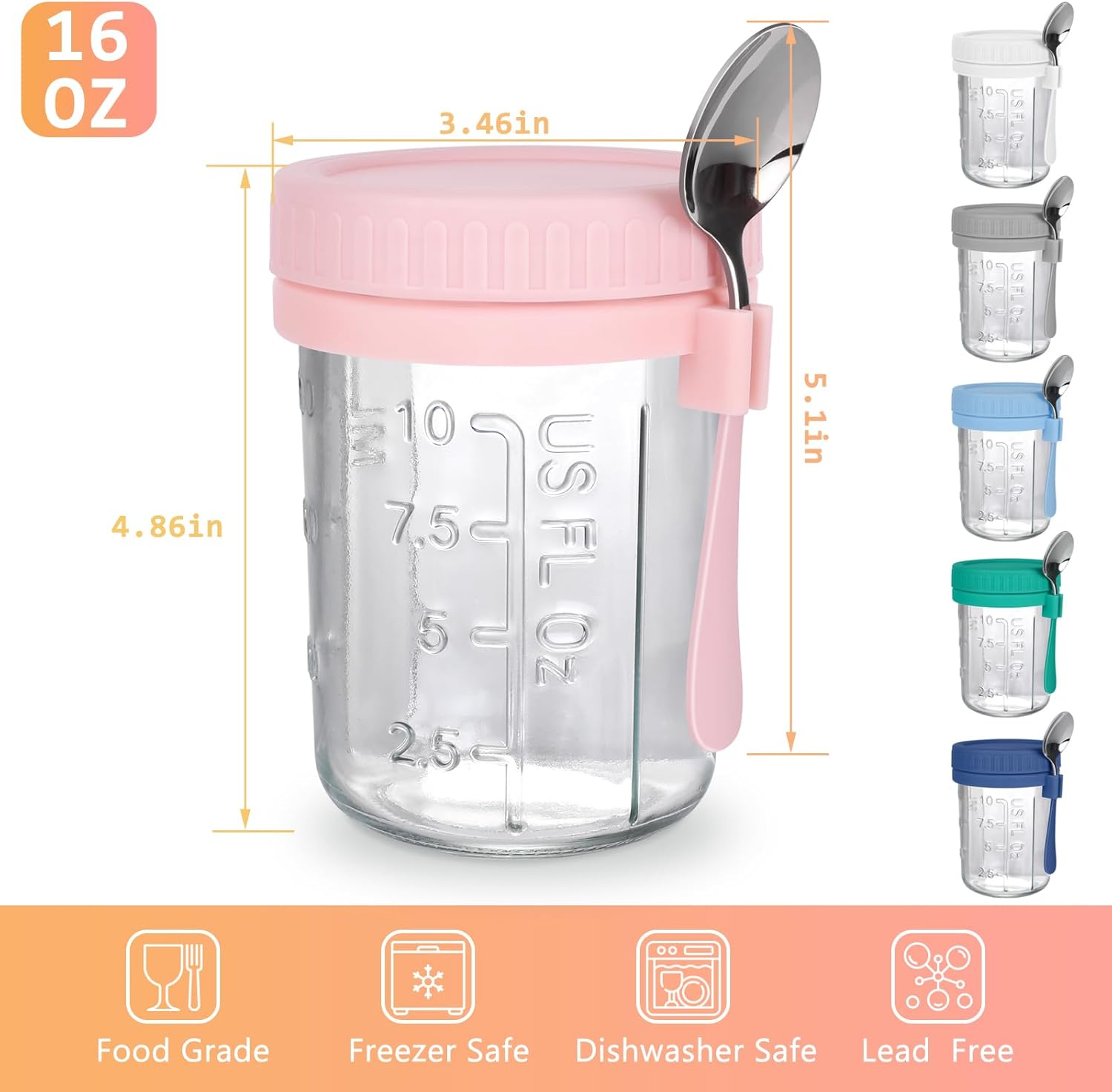 OcePor 6 Pack Overnight Oats Containers with Lids and Spoons, 16 OZ Glass Mason Overnight Oats Jars, Large Capacity Airtight Jars for Milk, Cereal, Fruit