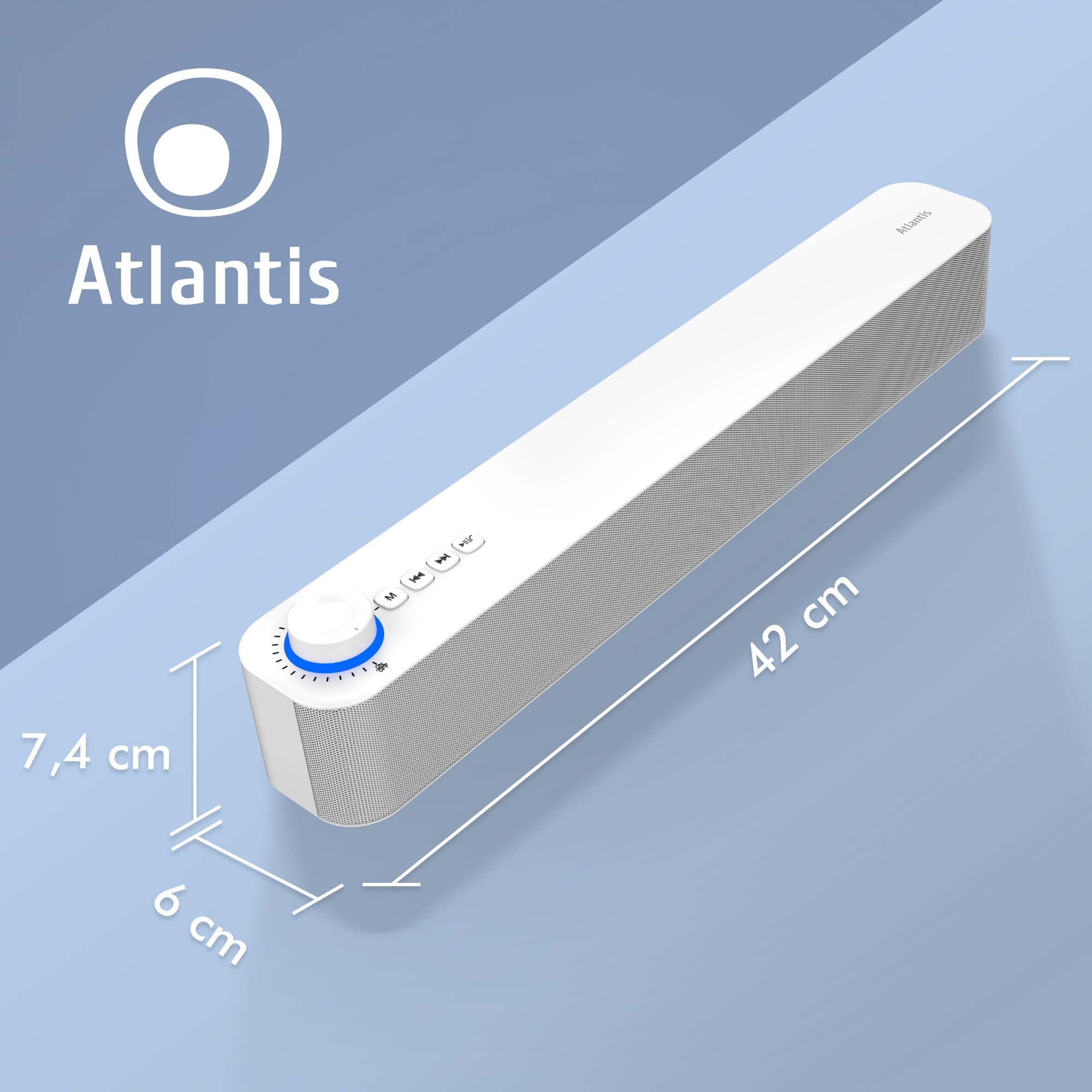 ATLANTIS Soundbar PC 20 W, głośnik PC, Jack 3.5 mm + Bluetooth 5.3 do smartfona, FireTV, gramofonu, odtwarzacza Batt. 2400 mhA, radia FM, głośnika PC, laptopa, TV, smartfona Dim 420 x 60 x 74 mm,
