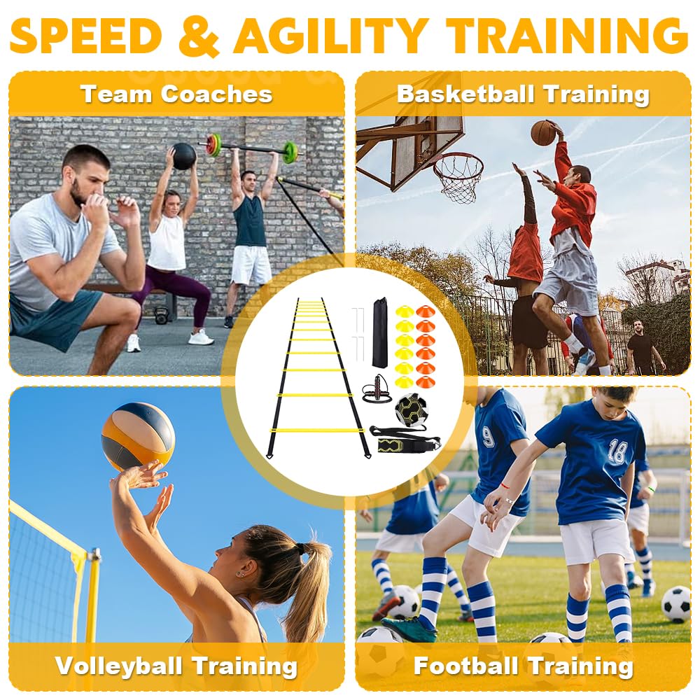 Set di Allenamento E Agilità, Kit Allenamento Calcio Scaletta Calcio, 6 Metri Scala di Allenamento, Scaletta Calcio Allenamento con 12 Coni E 4 Paletti per Allenamento di Coordinazione