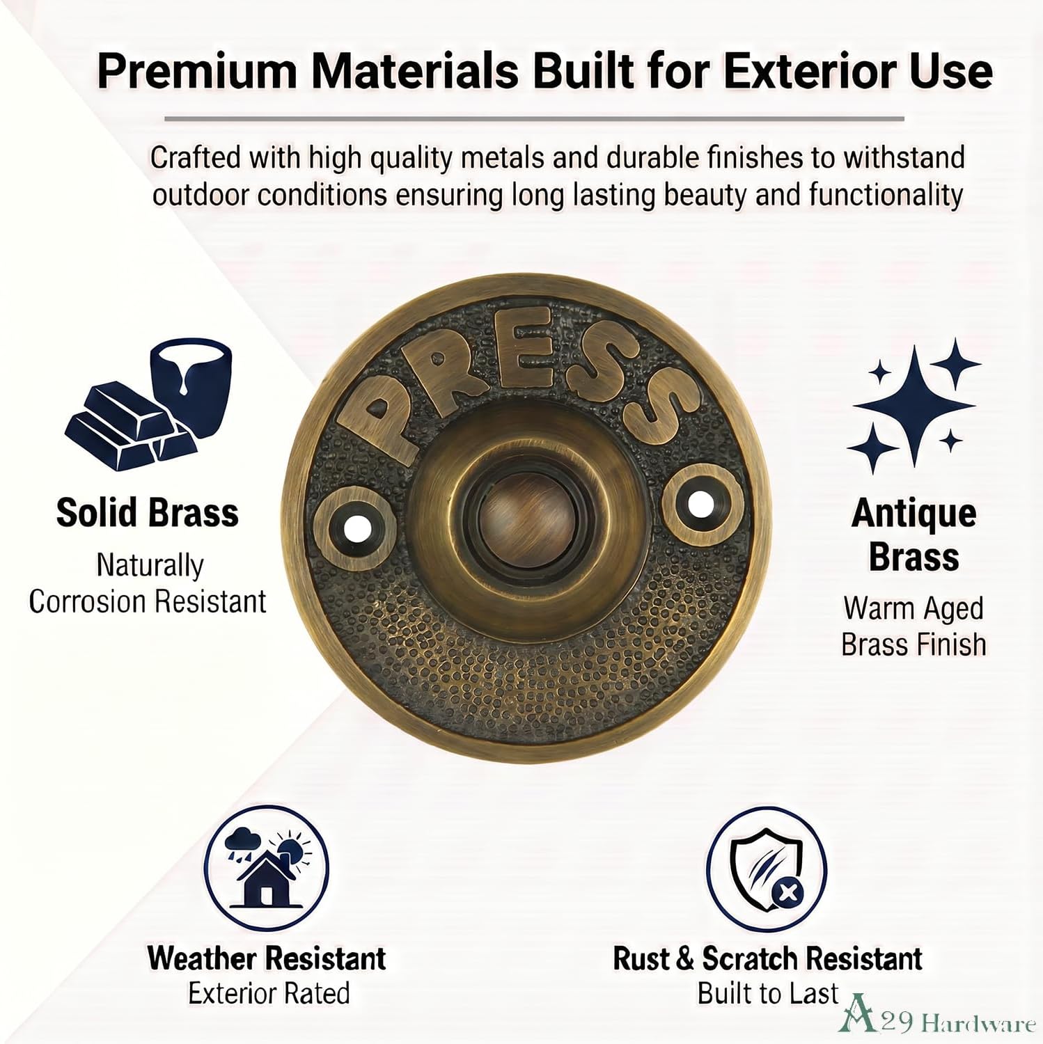 A29 Round Doorbell Push Button, Solid Brass, Antique Brass Finish image 4