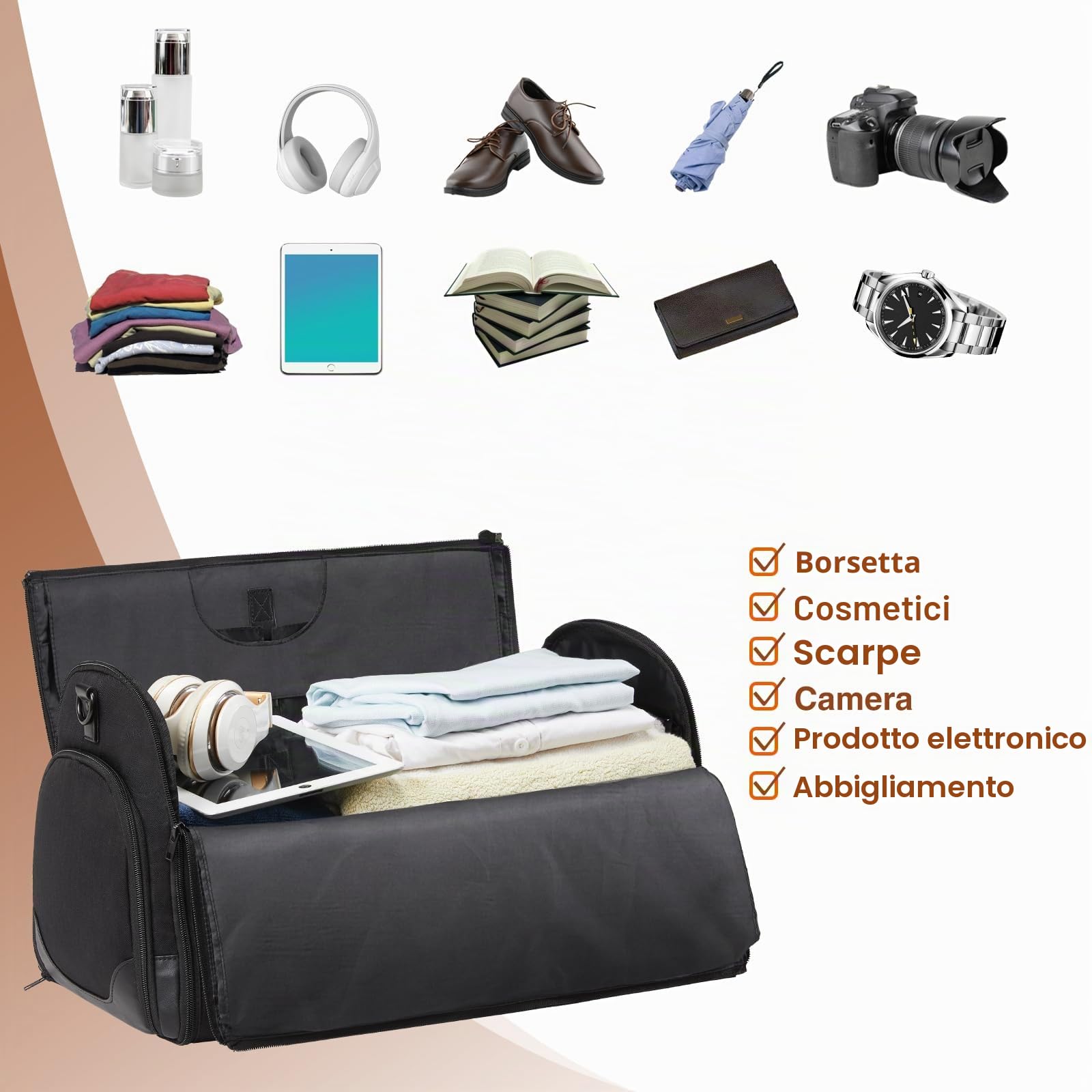 Borsa porta abiti da viaggio, borsa porta indumenti, borsone convertibile con scomparto per scarpe, perfetta per viaggi di lavoro e gite nel fine settimana, Nero 00, Da viaggio