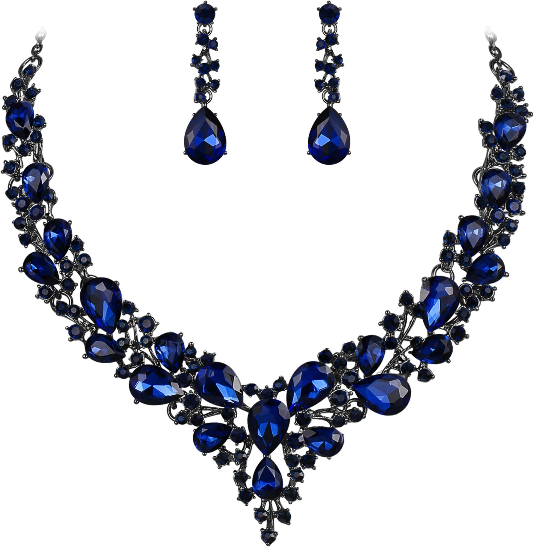 Women's Wedding Bridal Austrian Crystal Teardrop Cluster Statement Necklace Dangle Earrings Jewelry Set