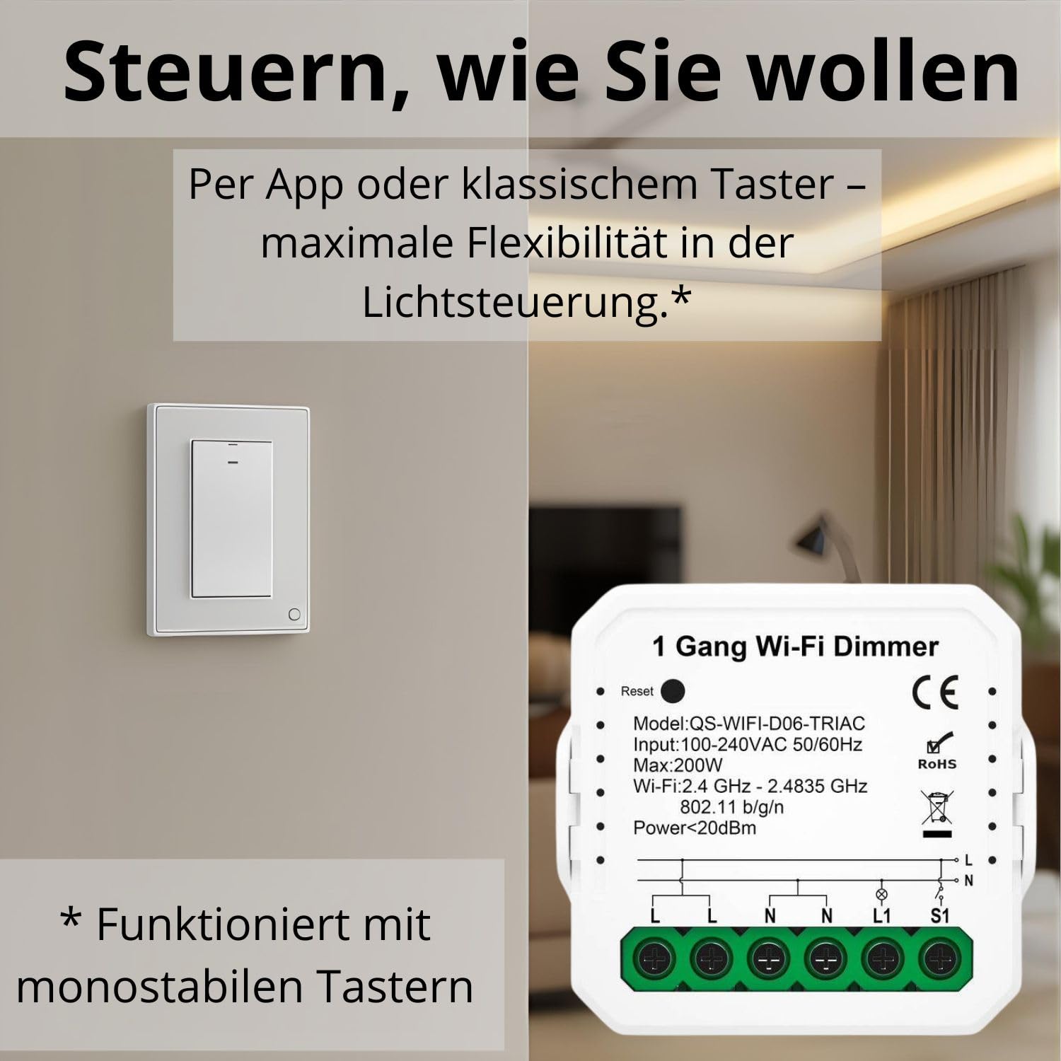 Sone Smart One Tuya Smart Life - Dimmer Wi-Fi da incasso, 150 W | Dimmer WiFi, interruttore dimmer, LED 150 W, Alexa, Tuya Smart Life, Triac, da incasso, interruttore della luce, alogeno