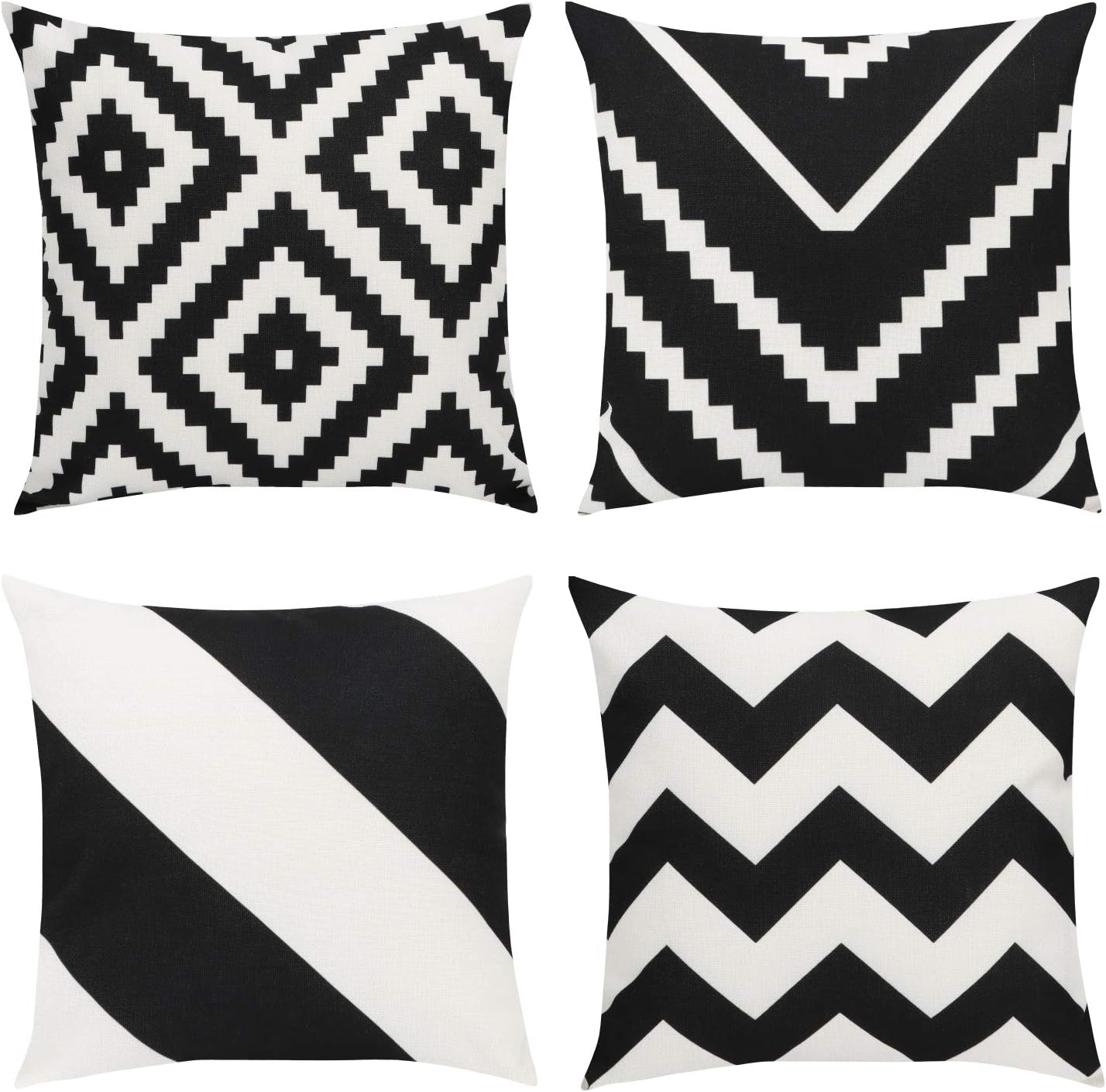 Maliton Pillow Covers 18x18, Decorative Couch Pillows, Throw Pillow Covers for Living Room, Farmhouse Geometric Cotton Linen Black and White Pillow Cover for Bedroom Sofa Outdoor Decor, Set of 4