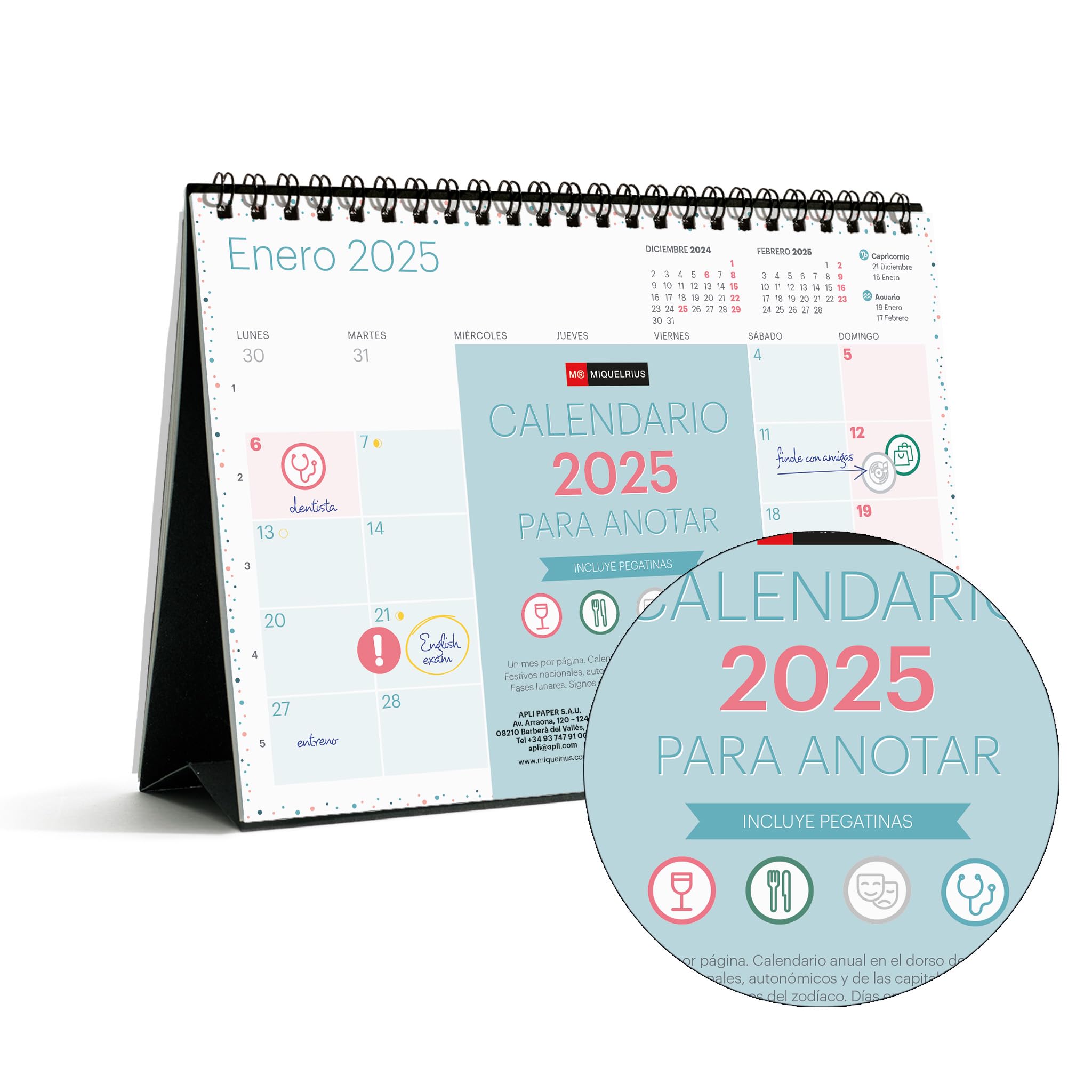 Miquelrius - Calendario de Sobremesa 2025, Calendario A5: 210 x 148,5 mm, Con espacio para anotar, Calendario 2025, Encuadernación espiral doble, Español, Incluye adhesivos, Lovely, Colores pastel