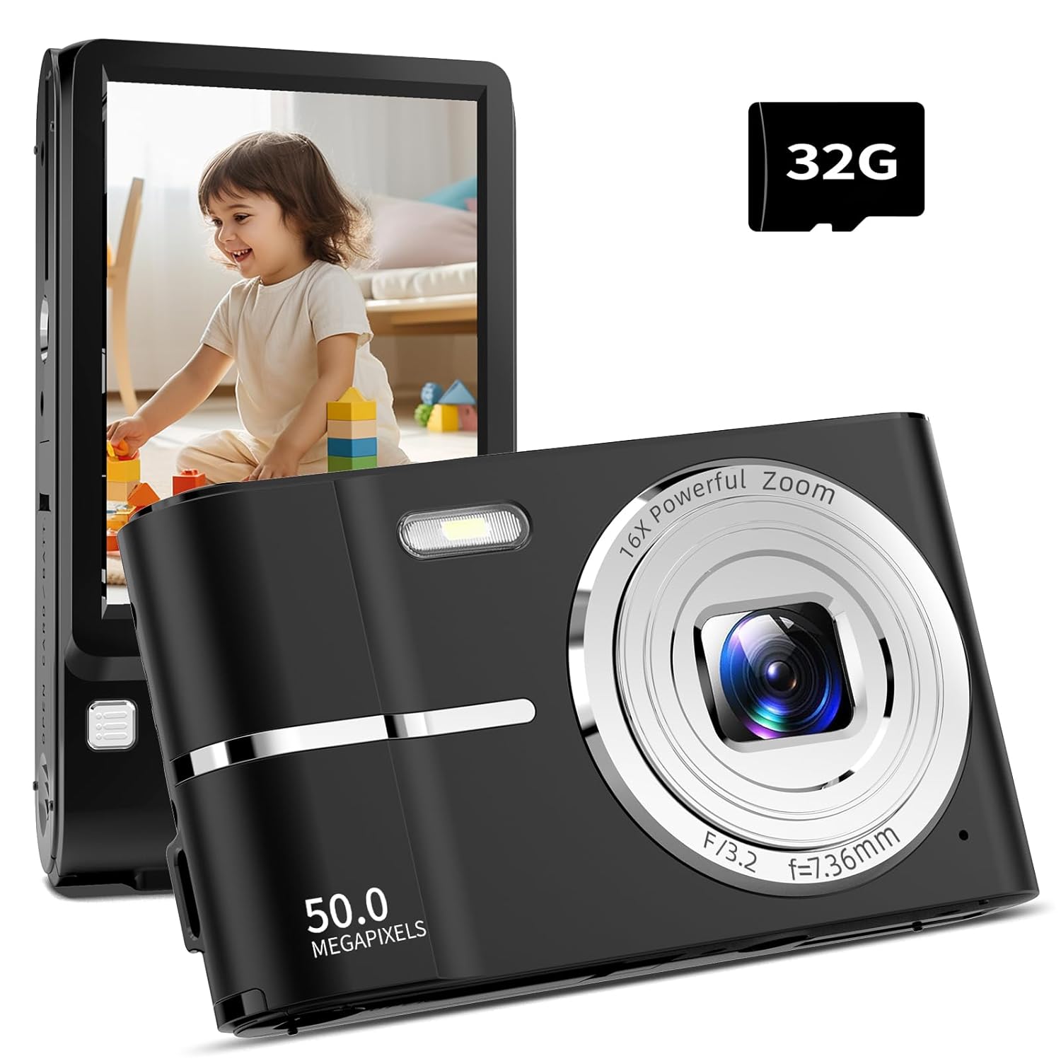 Digital Camera, Autofocus 50MP FHD 1080P Camera for Kids with 16x Zoom Anti Shake, Small Camera for Kids Student Children Teen Boys Girls, Compact Kids Digital Camera with 32GB SD Card, 2 Batteries