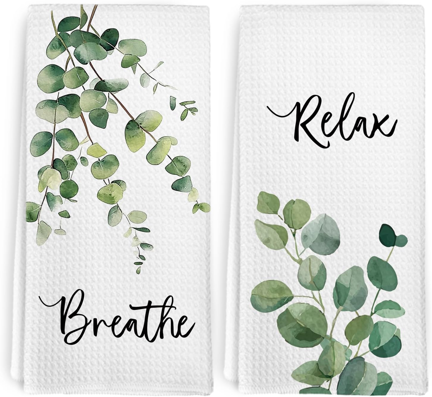 Eucalyptus Sage Green Hand Towels for Bathroom, Sage Green Bathroom Decor, Plant Kitchen Towels Set of 2, Breathe Relax Eucalyptus Decorative Hand Tea Towel for Kitchen Decor, 16x24 Inch