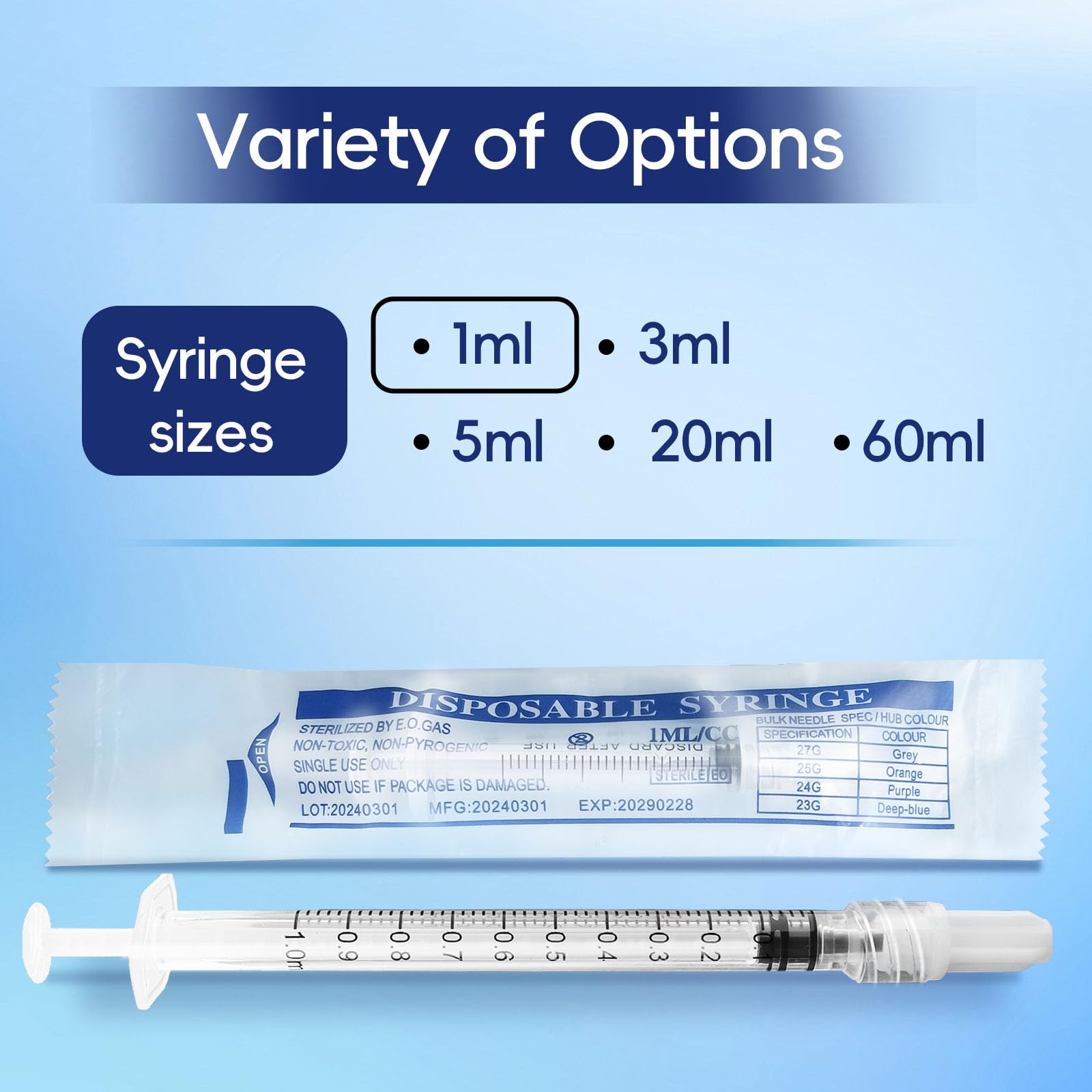 Jeringa Luer Lock de 1 ml (sin aguja), estéril, envuelta individualmente, paquete de 20, medición precisa de líquidos, diseño a prueba de fugas