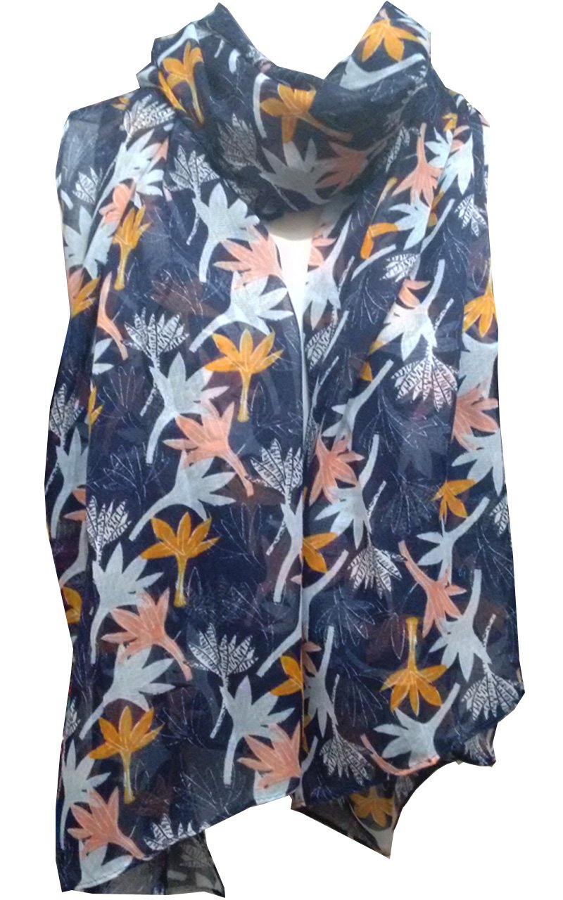 Glamlondon Women's Navy - Crocus-7016 Floral Scarf Leafy Leaf Trees Printed Large Soft Sarong Shawl Wrap (Navy - Crocus-7016)