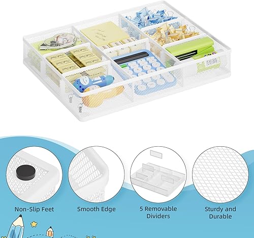 Miniatura 5 de Marbrasse Organizador de cajones de escritorio, bandeja organizadora de cajones de malla metálica con 5 compartimentos ajustables, organizadores de