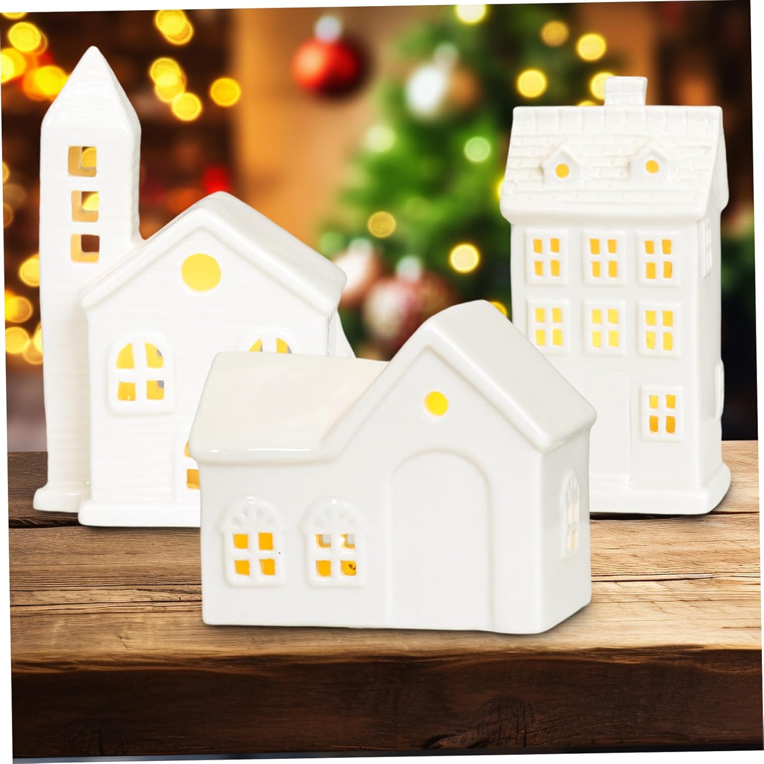 3Pcs Christmas Village Houses White Ceramic Christmas Village Figurines Creative Candle Holder for Winter Xmas Holiday Party