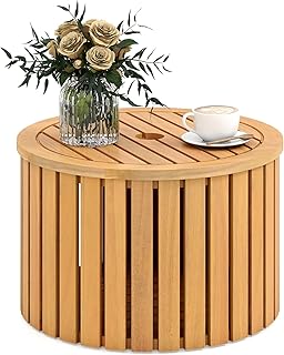 Tangkula 2-in-1 Outdoor Side Table with Storage, Acacia Wood Slatted Coffee Table with Umbrella Hole & Removable Base, Round Slatted End Storage Box for Backyard, Poolside
