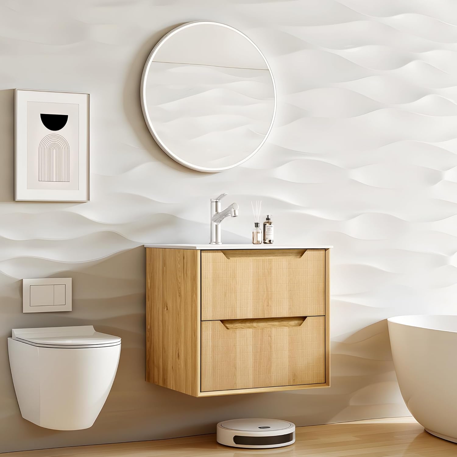 23" Bathroom Vanity with Sink, Wall Mounted Floating Cabinet for Bathroom, 2 Large Storage Drawers, Soft-Close System, No Assembly (Wood Walnut -2)