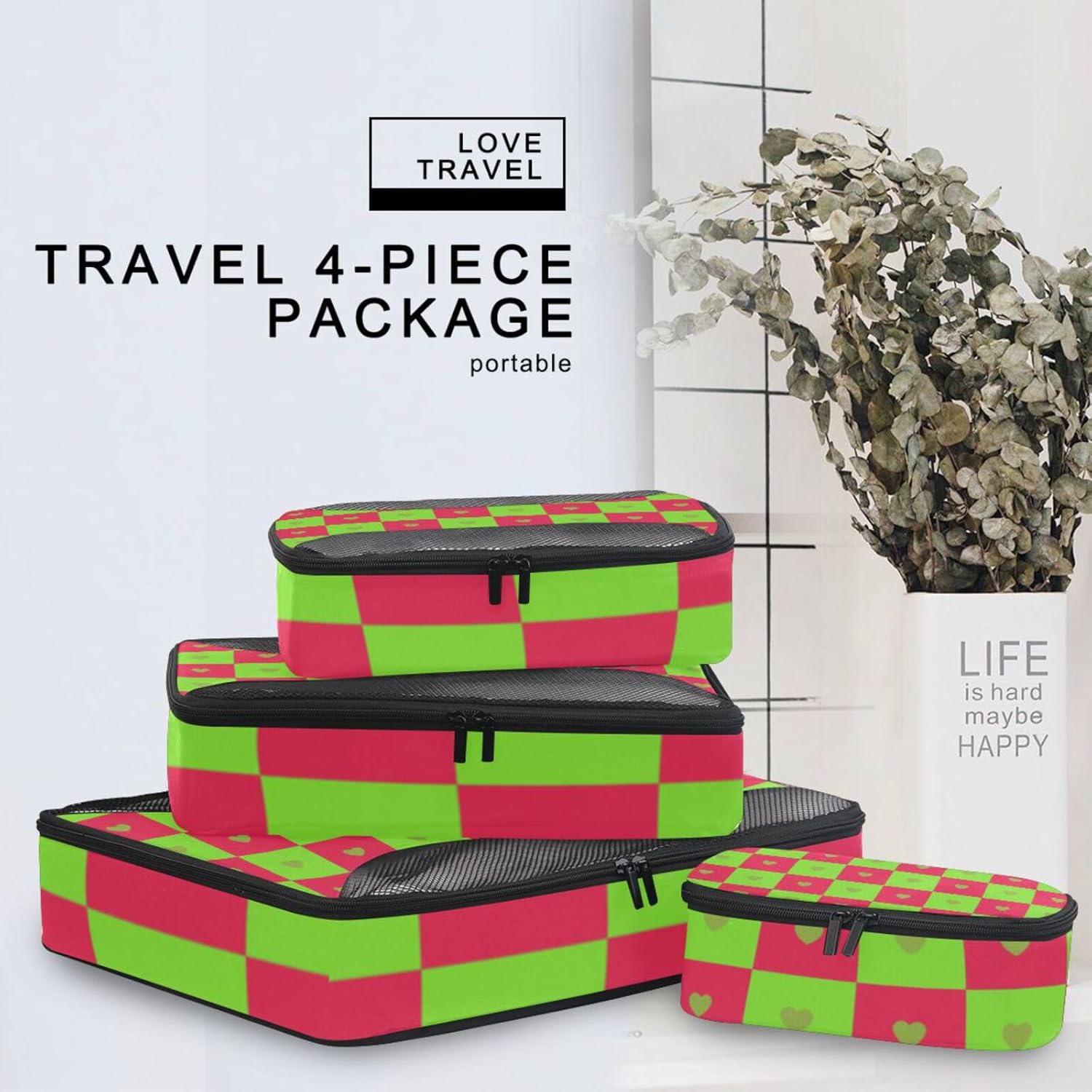 Buffalo Plaid Check Heart Green Red 4 Pcs set organizer bags for Mesh Travel Essentials portable packing cubes for women
