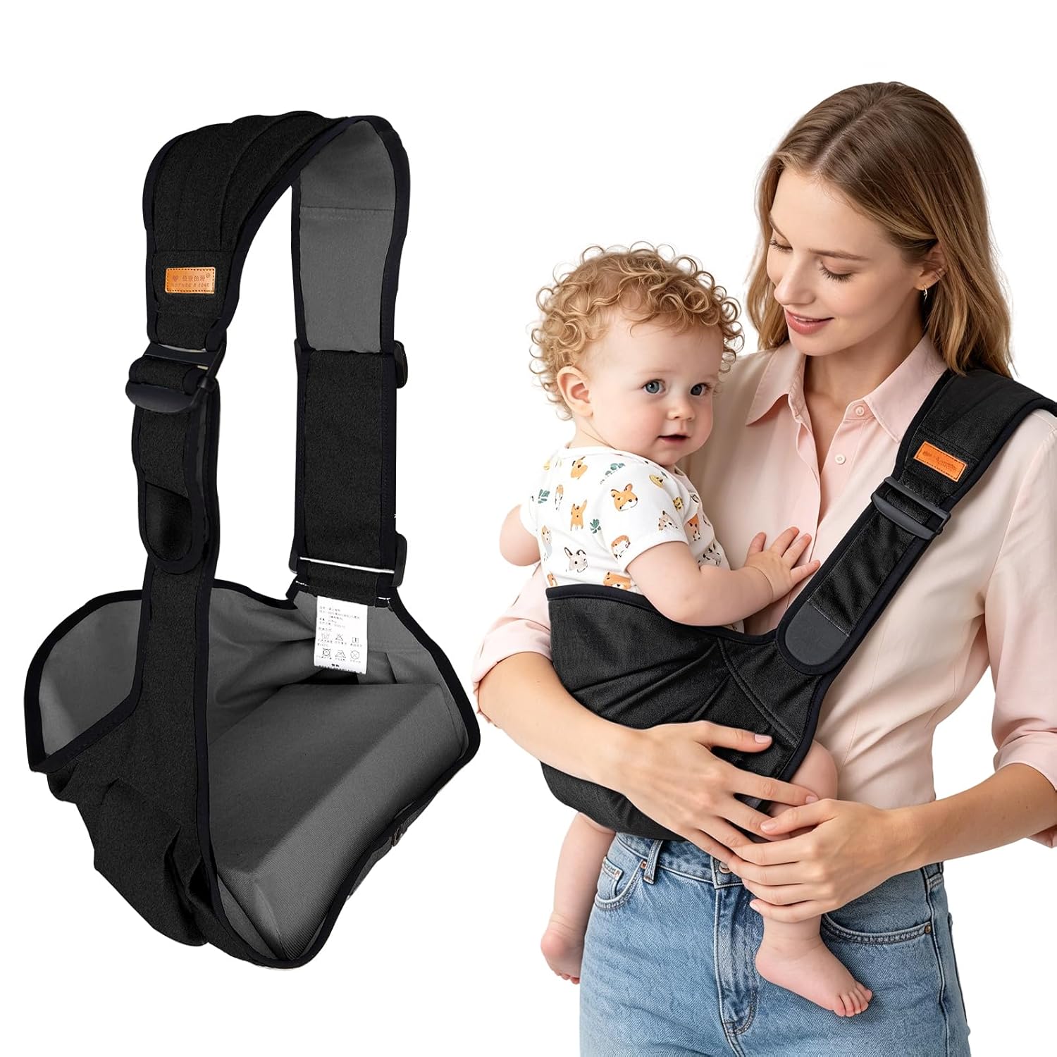 Baby Sling Carrier for Toddler, Baby Side Carrier with Detachable Seat Cushion, Lightweight Toddler Carrier Fits 9–48 Months, Adjustable Shoulder Strap, One Size Fits All Parents (Black)
