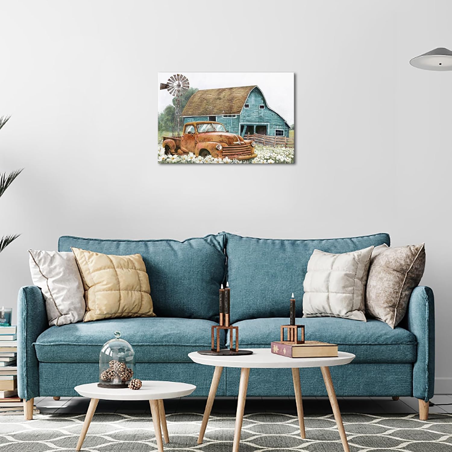 Apicoture Farmhouse Decor Wall Art - Teal Barn Red Truck Windmill Pictures Canvas Paintings Rustic Country Landscape Artwork Wall Decor Framed (Red) Red,Teal