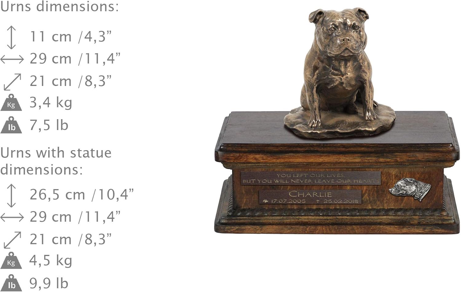 Art-Dog Custom Dog Sitting Statue Memorial Urn - Handmade Cold Cast Bronze on Birch Base – Sturdy and Stylish Urn for Dog’s Ashes – 8.3x11.4x8.7 – 5l – Staffordshire Bull Terrier I
