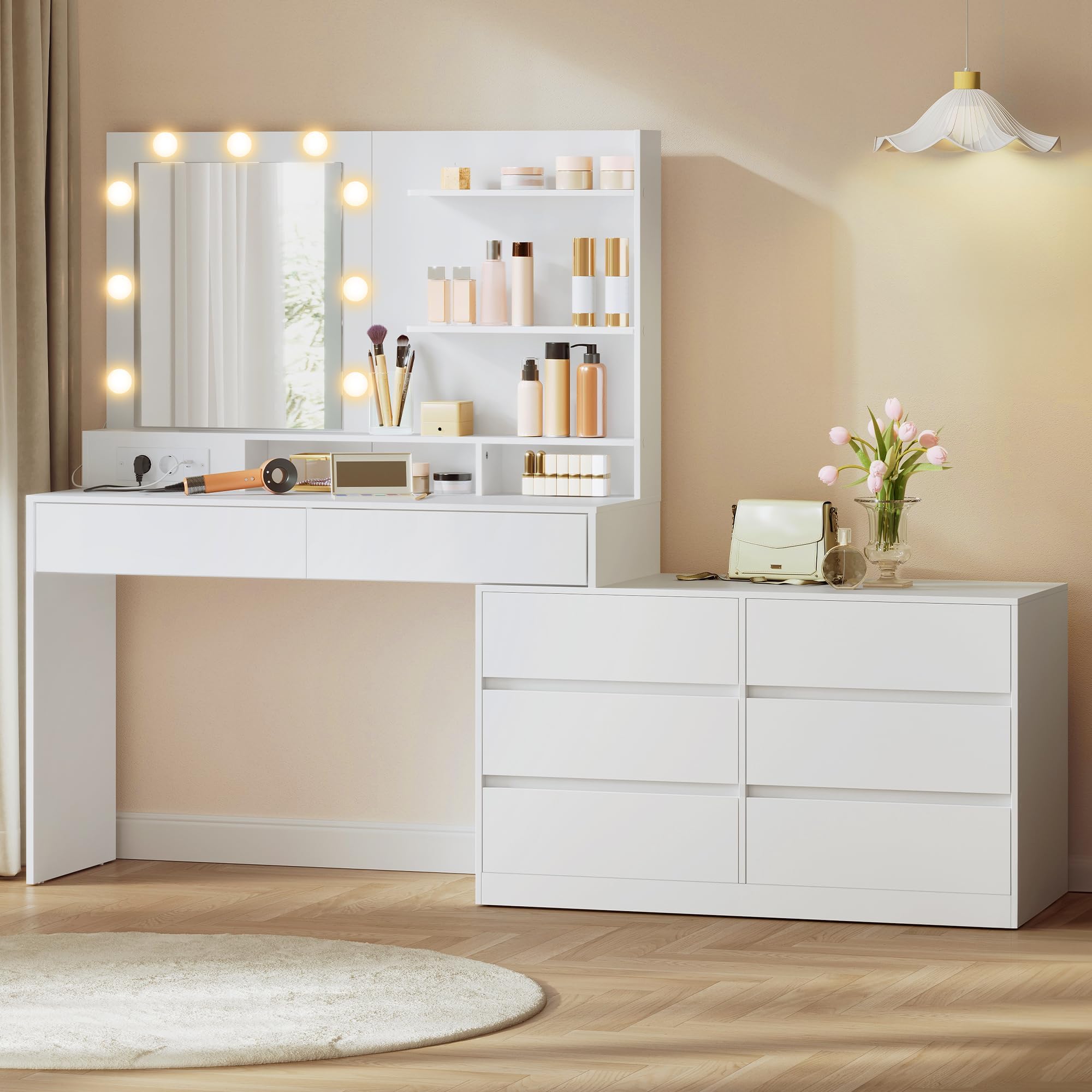 VASAGLE Kailyn Colección - Tocador con Espejo LED y Regleta, 9 Bombillas, 8 Cajones, 3 Estantes, Iluminación de 3 Colores, Modular en Línea o en L, Mesa de Maquillaje, Blanco Nube RDT140WB01