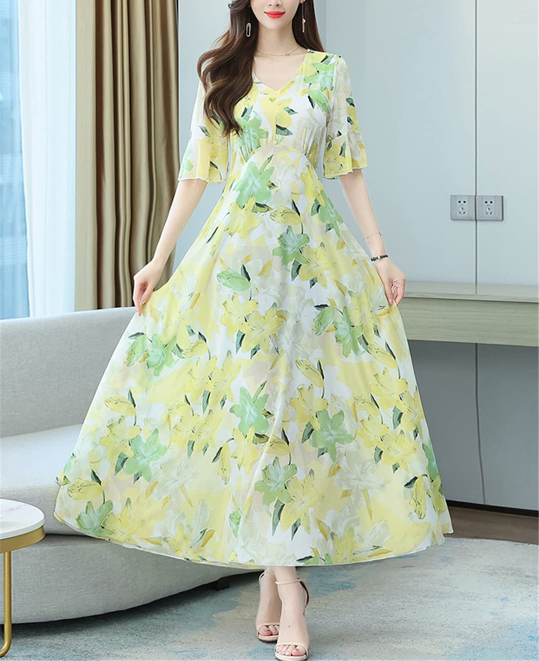 Abito estivo da donna in chiffon, con scollo a V, stile casual, da spiaggia