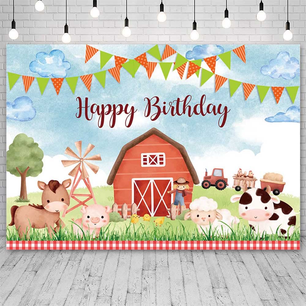 AIBIIN 2,4 x 1,8 m Cartoon Farm Compleanno Fotografia Sfondo Rurale Rosso Fienile Animale Verde Prato Bandiera Sfondo Baby Shower Torta Smash Banner Festa Bambini Decorazione Ritratto Foto Puntelli