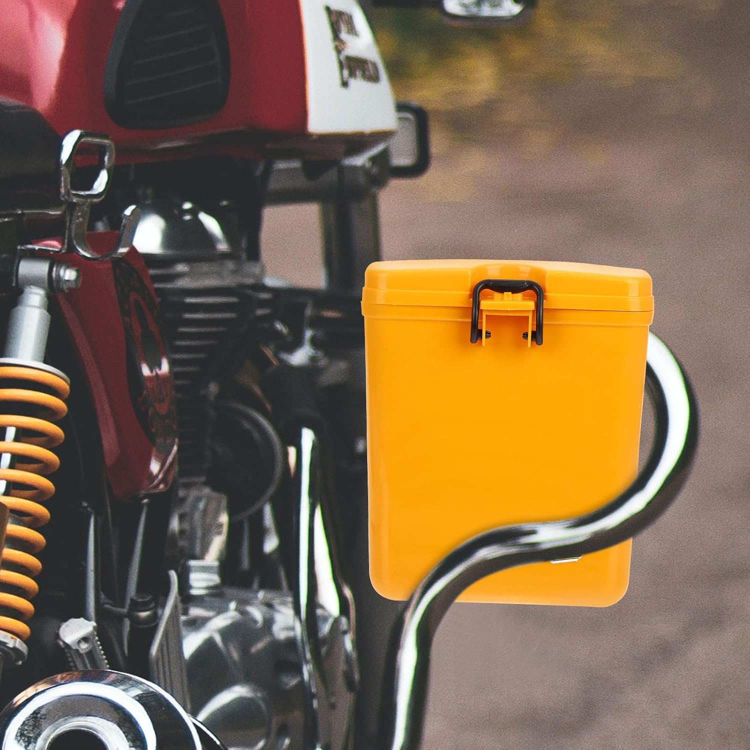 Yellow Motorcycle Storage Box with Lock, Quick Removal Tool Organizer Made of Plastic and Iron, Secure Motorcycle Storage Accessory for Luggage and Side Fork Use