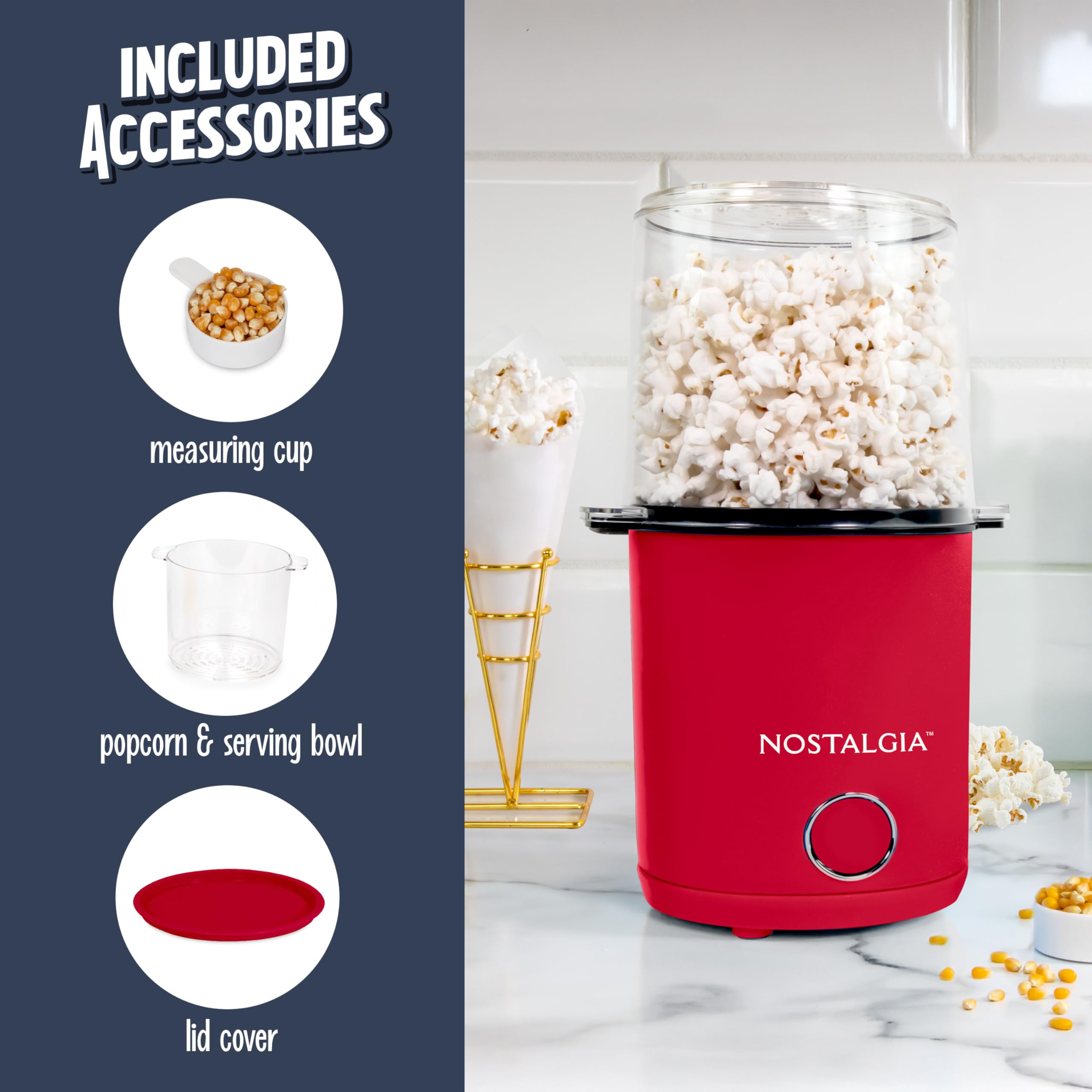 Nostalgia Máquina de palomitas de maíz de aire caliente con 8 tazas, tazón y tapa 2 en 1, taza dosificadora de 56 ml, pop maíz exento de aceite para noche de cine, aperitivos, fiestas de cumpleaños y