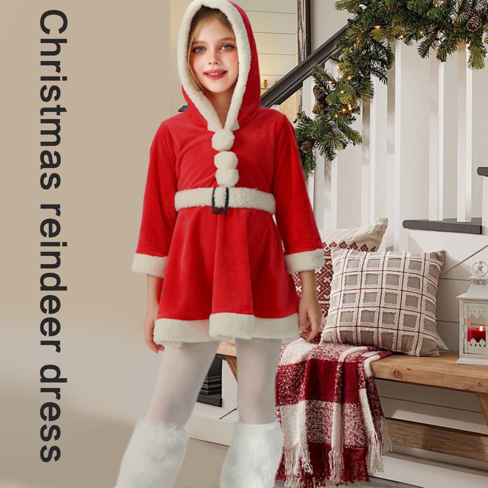 Vestito da renna di Natale per bambini, cosplay, feste, costume a maniche lunghe, vestito invernale con cappuccio per le festività natalizie