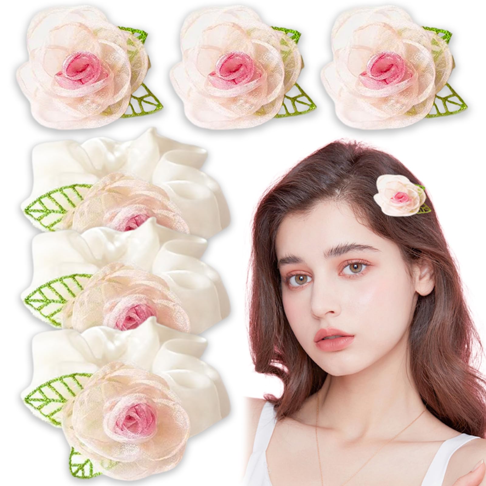 Muiltvoe 6 PCS Camellia Hair Clips Soft Elastic Hair Band Non-slip Hairclip Handmade Organza Headwear for Party Wedding Daily Duckbill Clip Ponytail Holder Hairs Accessories for Women Girls