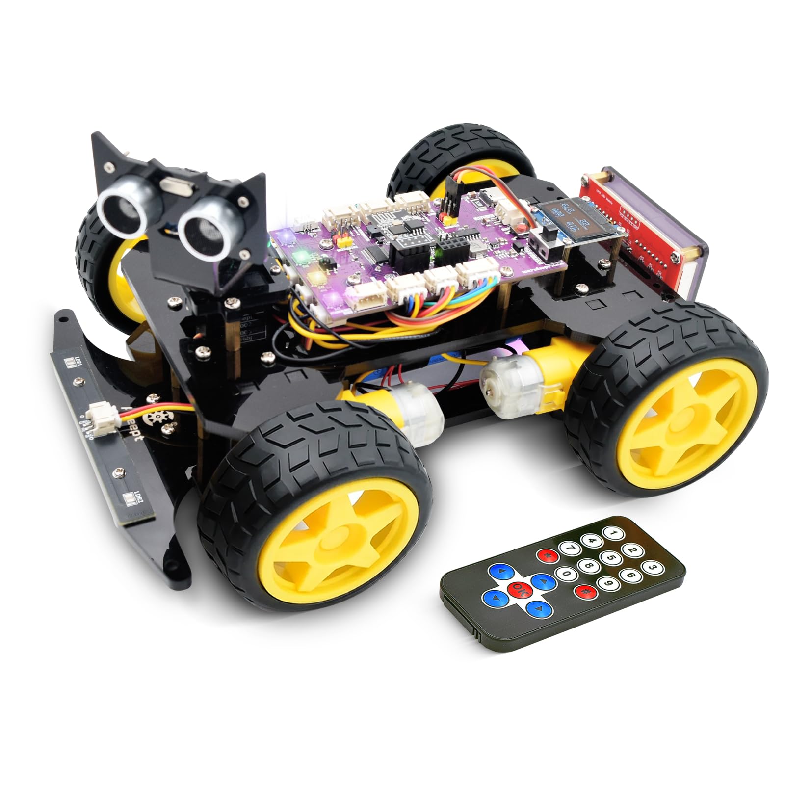 Adeept Kit de Voiture Intelligente 4WD (Compatible avec Arduino IDE), Suivi de Ligne, Suivi de Lumière, Évitement d'Obstacles, Moteur Servo, Écran OLED, Buzzer, Écran à Matrice de Points LED