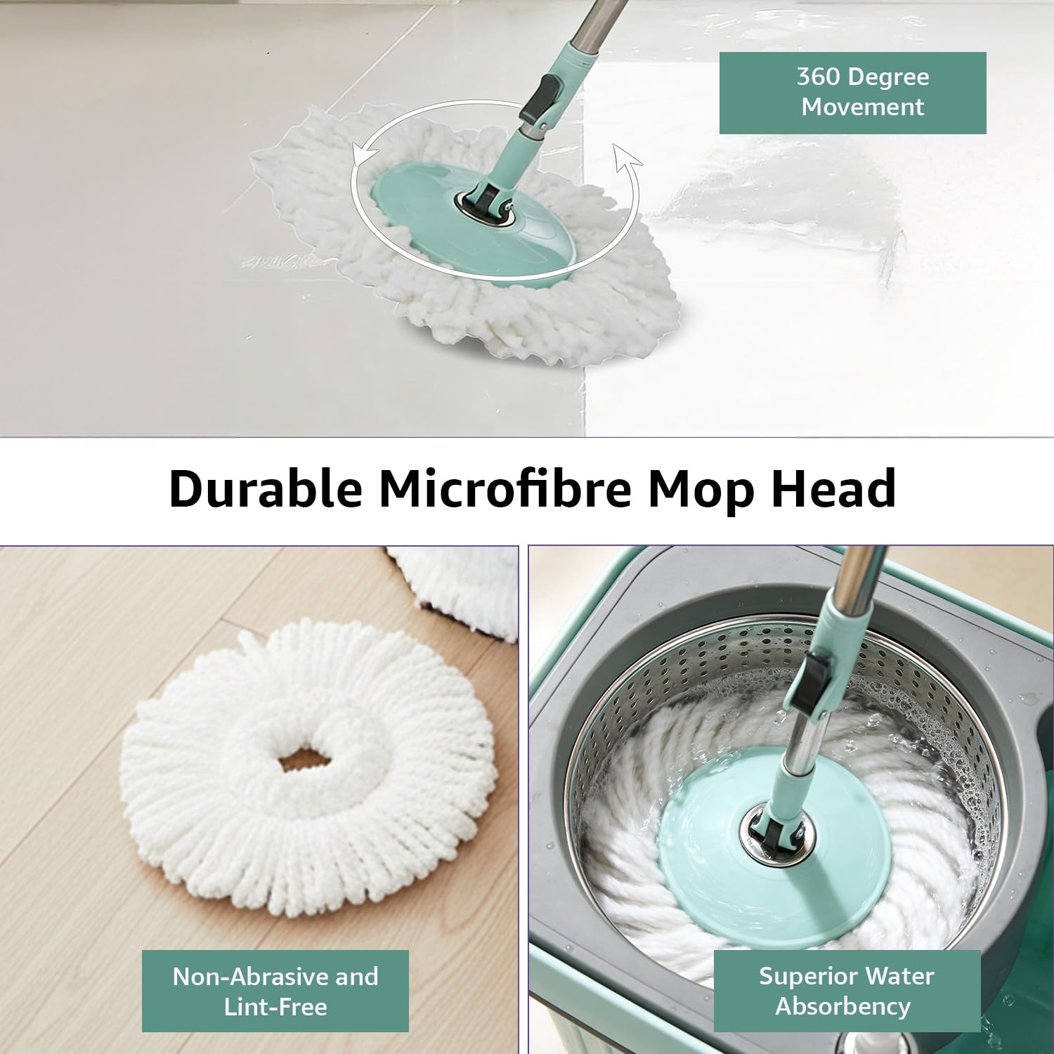Amazon Brand - Presto! Elite Spin Mop with Steel Wringer and Auto-fold Handle, Green, 2 Refills 1